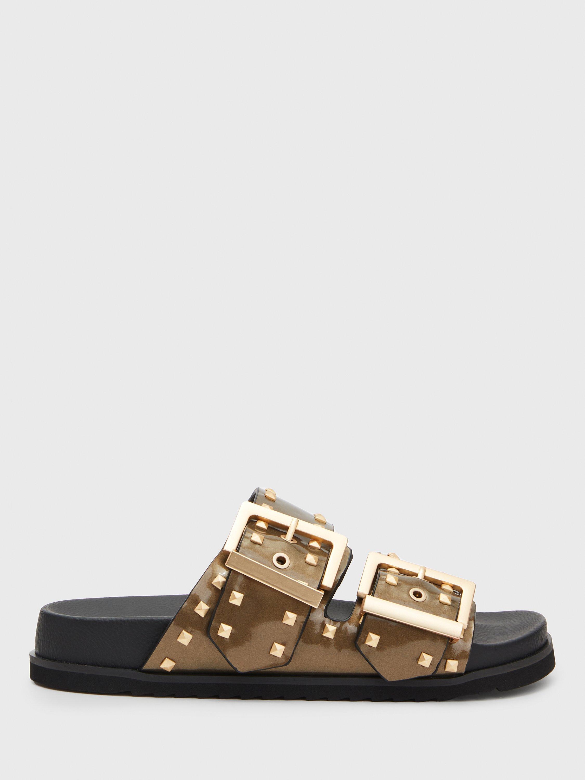 AllSaints Sian Studded Leather Slider Sandals, Warm Brass