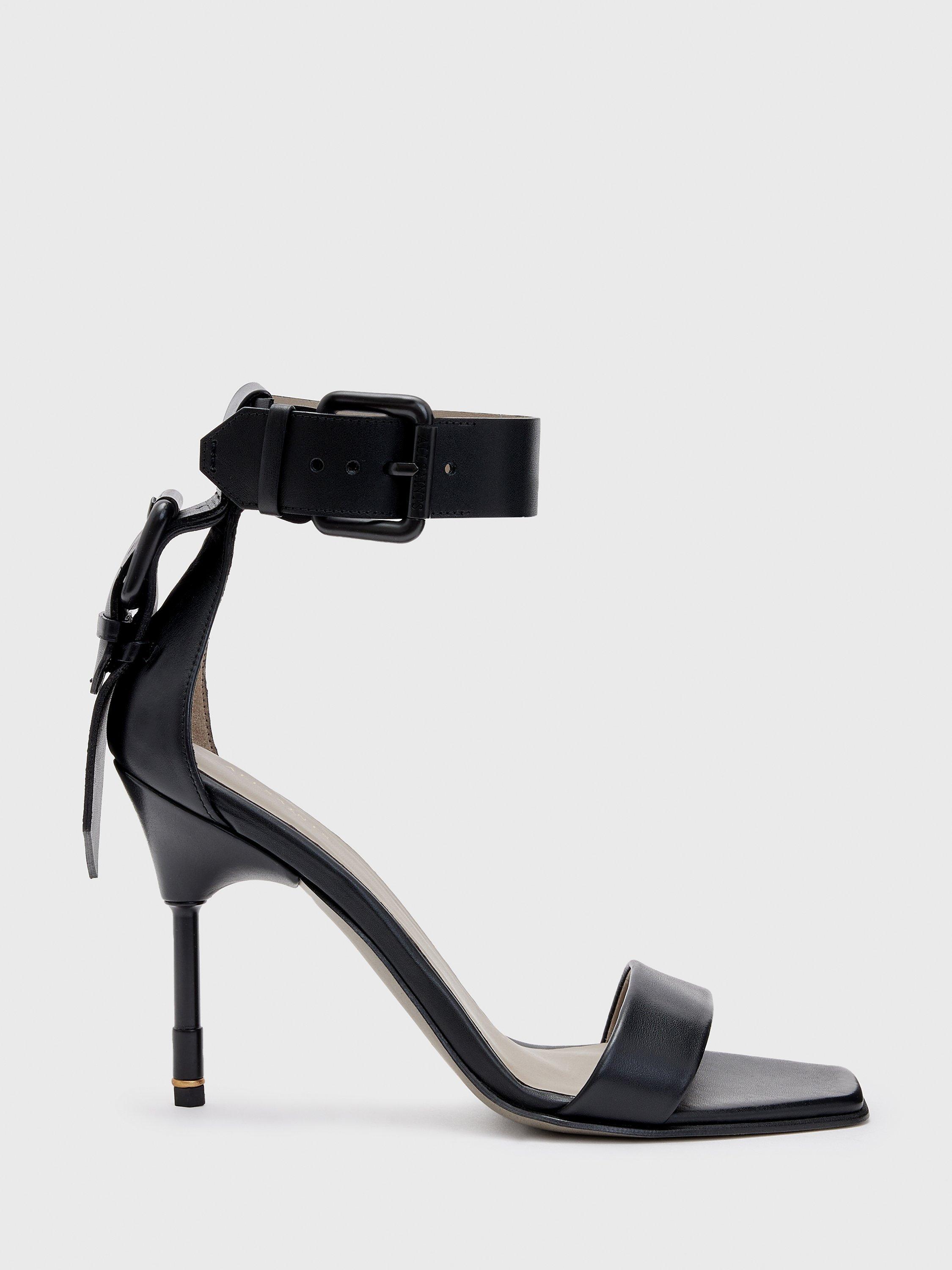 AllSaints Noir High Heel Leather Sandals, Black/Matte Black