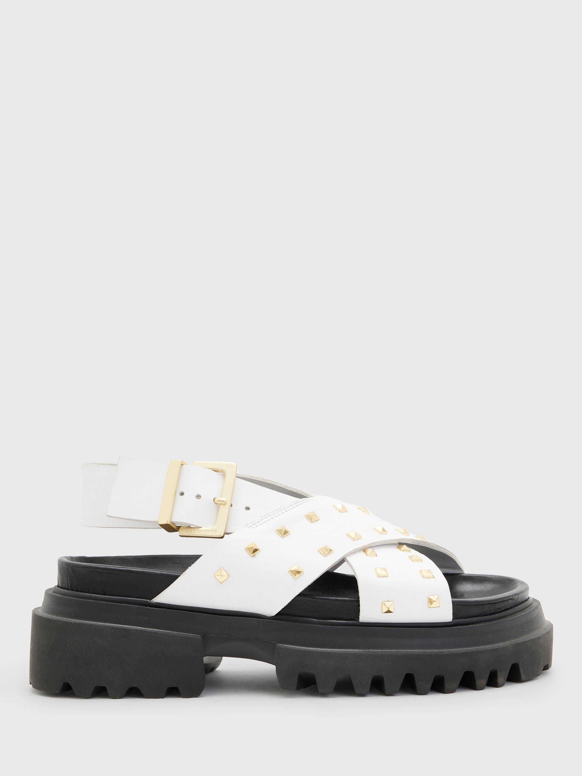 AllSaints Cosmo Studded Leather Sandals, Chalk White/Brass