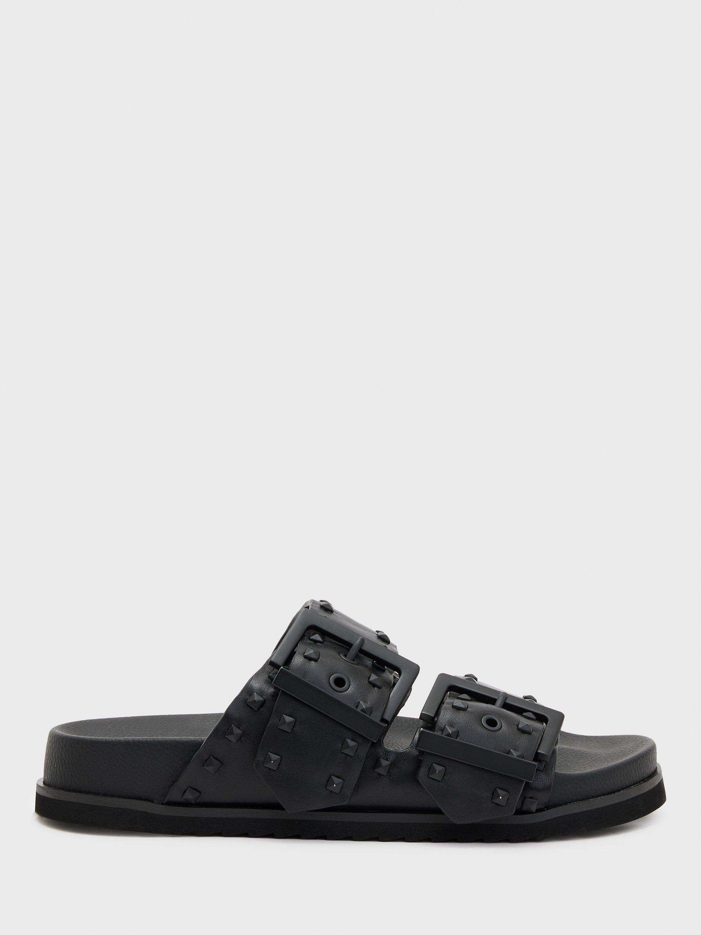 AllSaints Sian Studded Leather Slider Sandals, Black