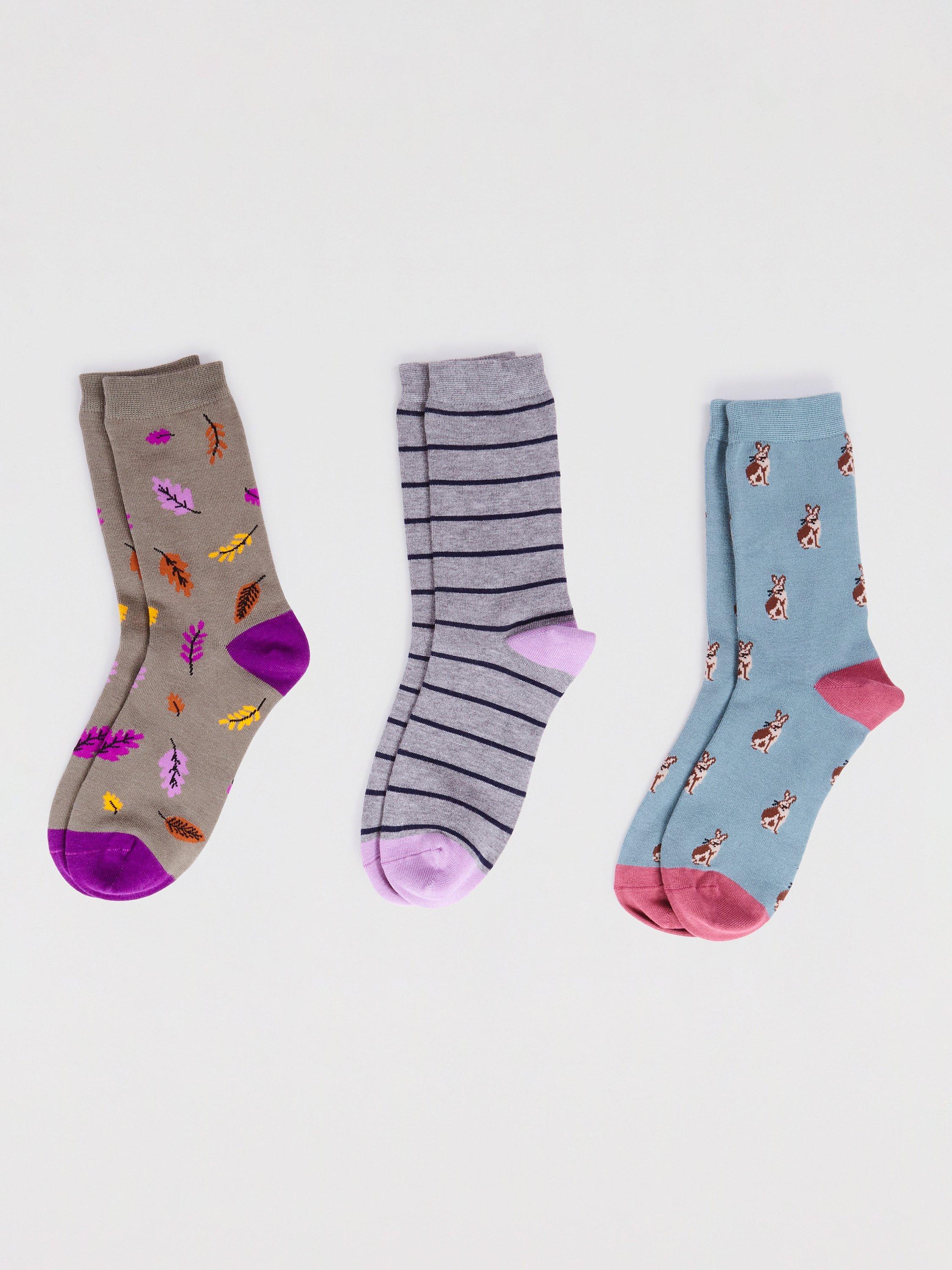 Thought Bunny Leaf and Stripe Print Ankle Socks, Pack of 3, Multi