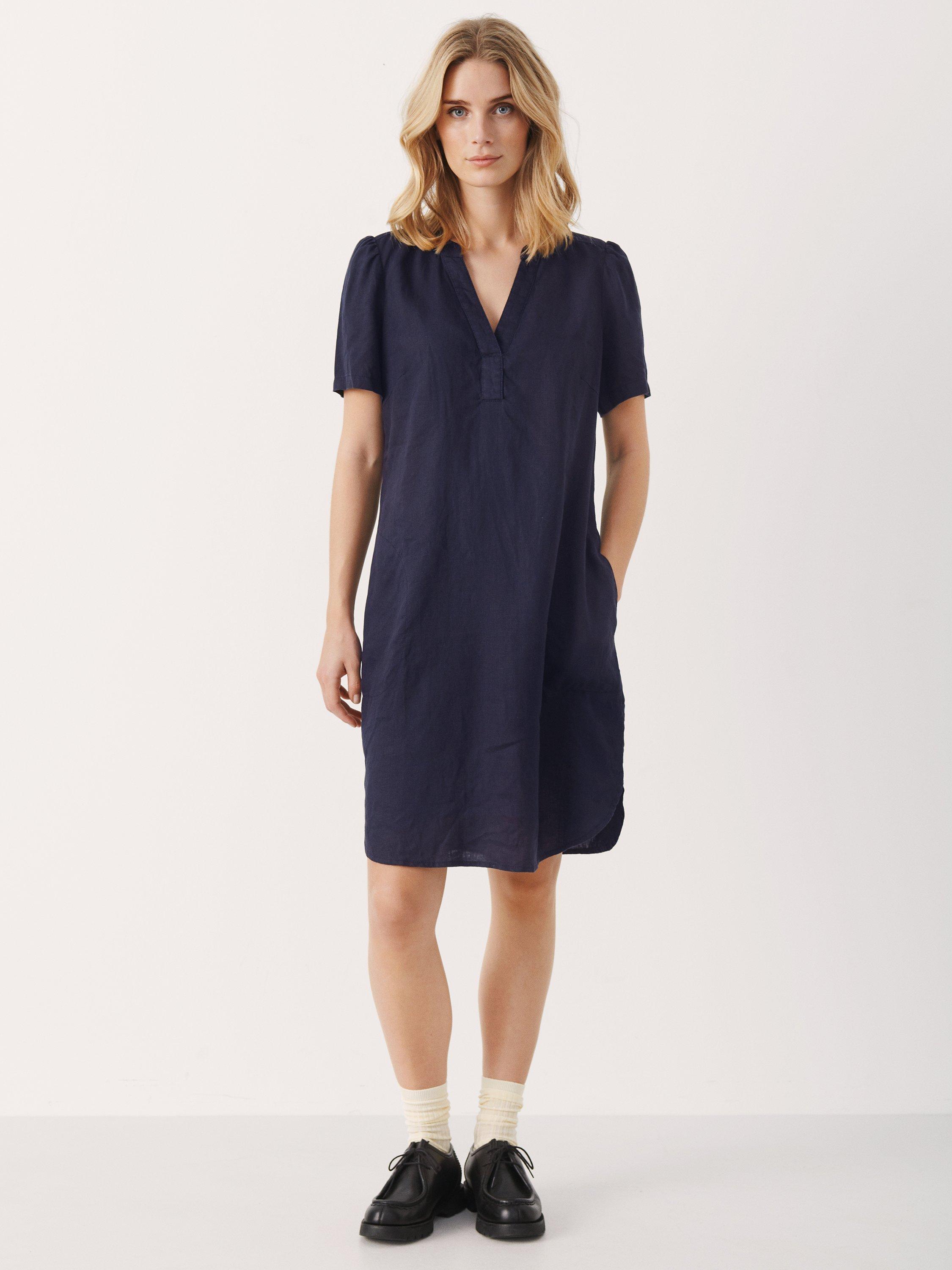 Part Two Aminase Short Sleeve Linen V-Neck Dress, Dark Navy
