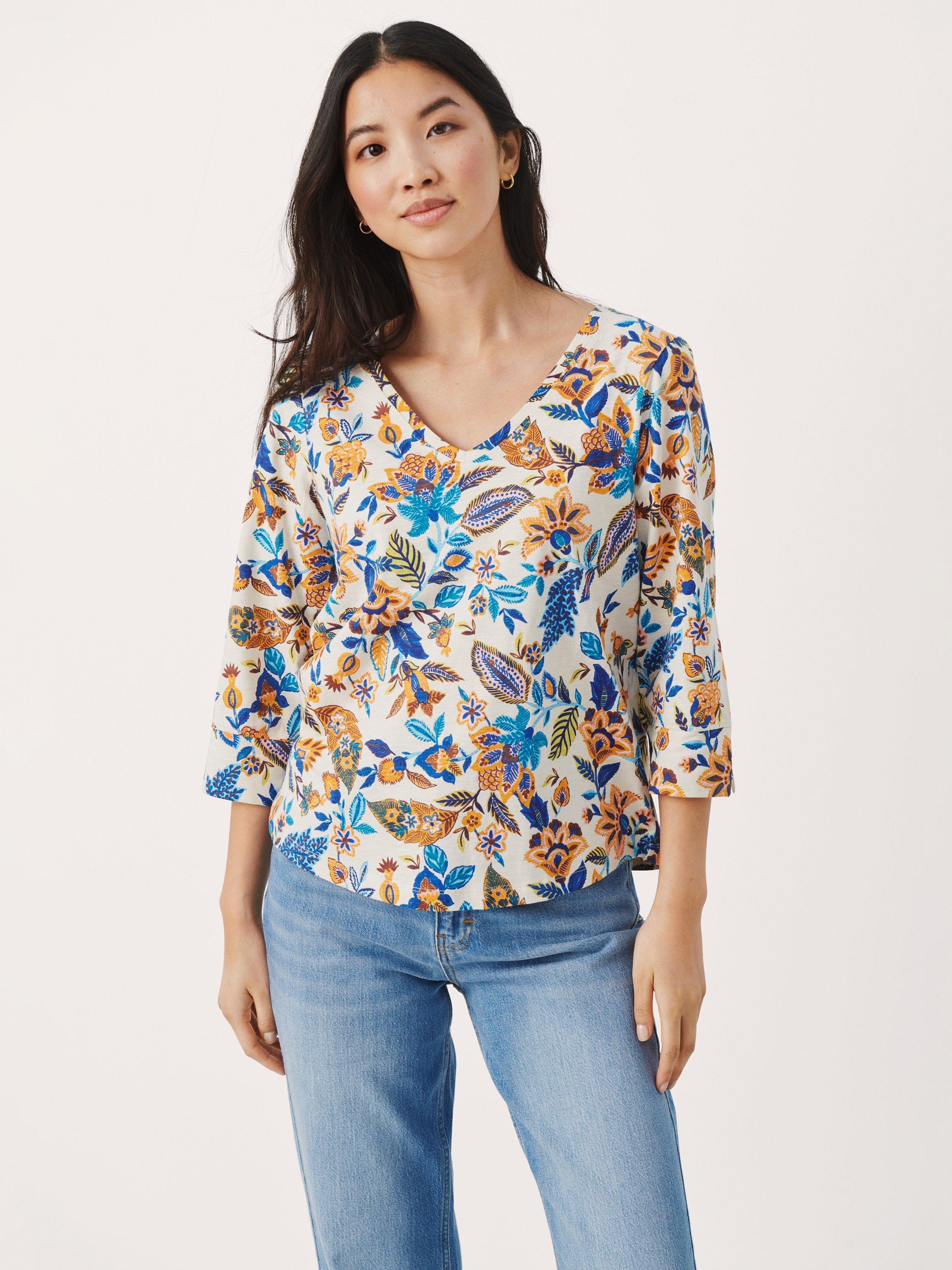 Part Two Riekes Cotton Floral V-Neck Top, Blue Craft Flower