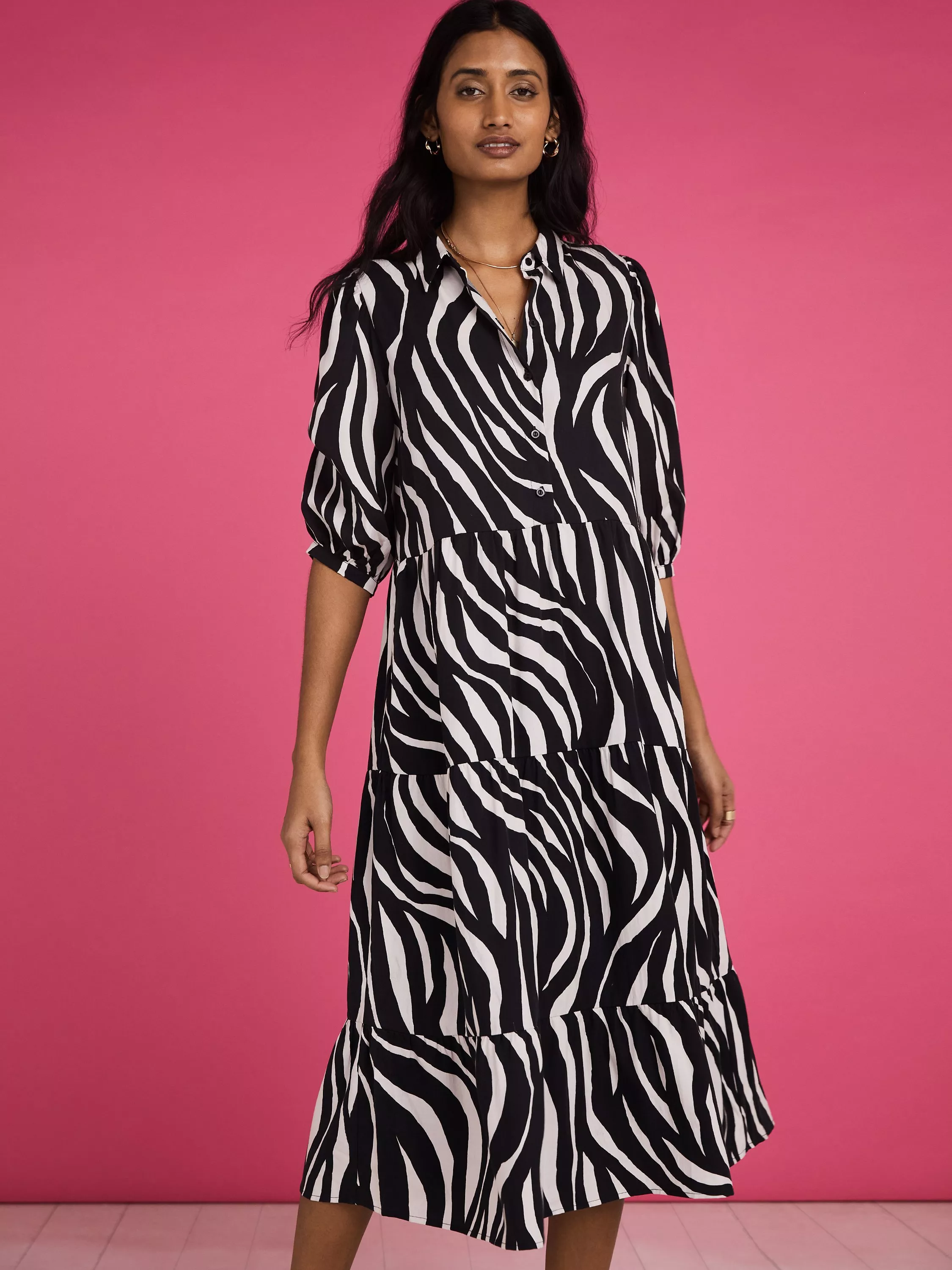 Baukjen Zebra Print Midi Shirt Dress Black White