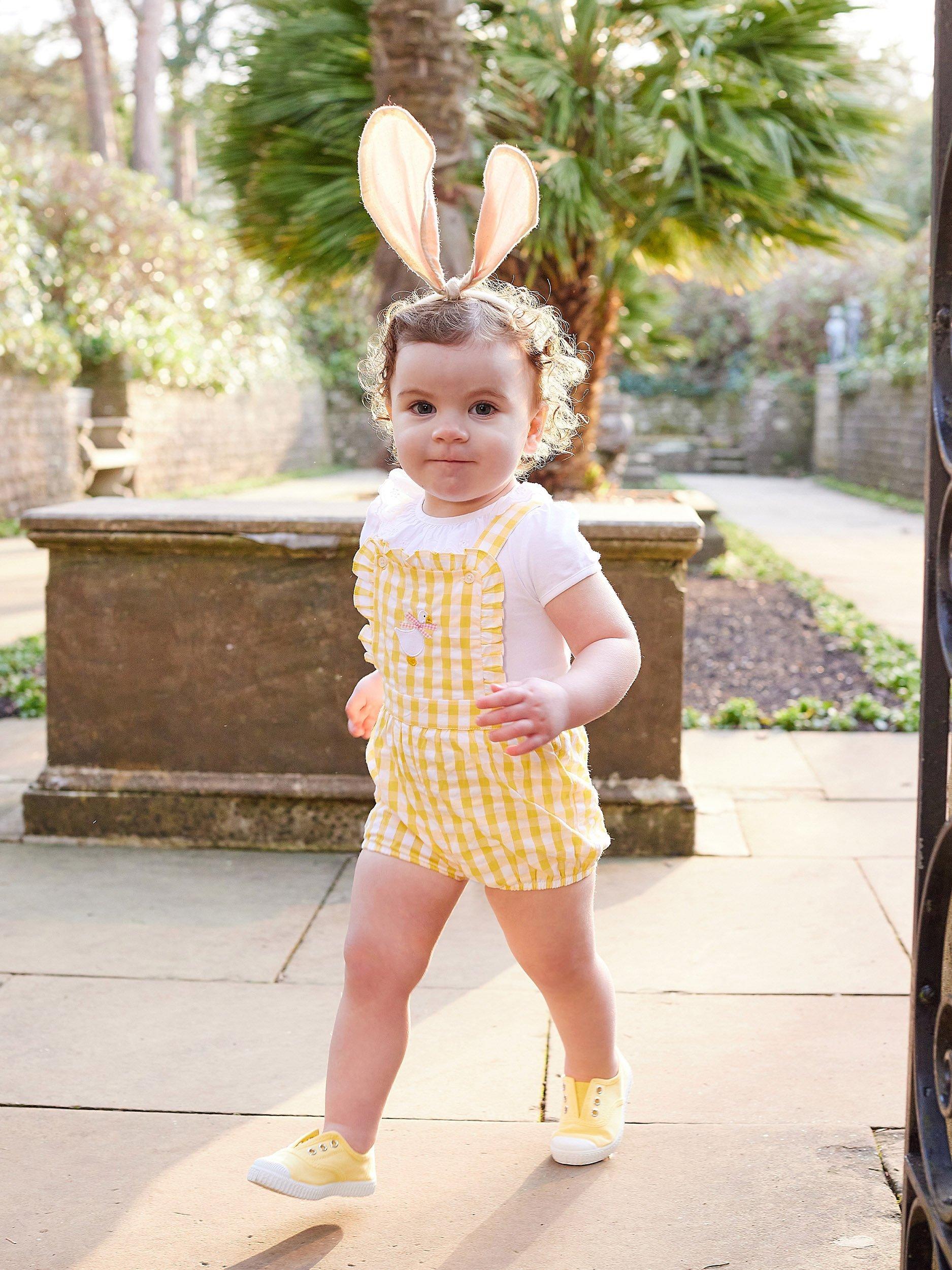 Trotters Baby Bunny Frilly Stripe Bib Shorts, Yellow