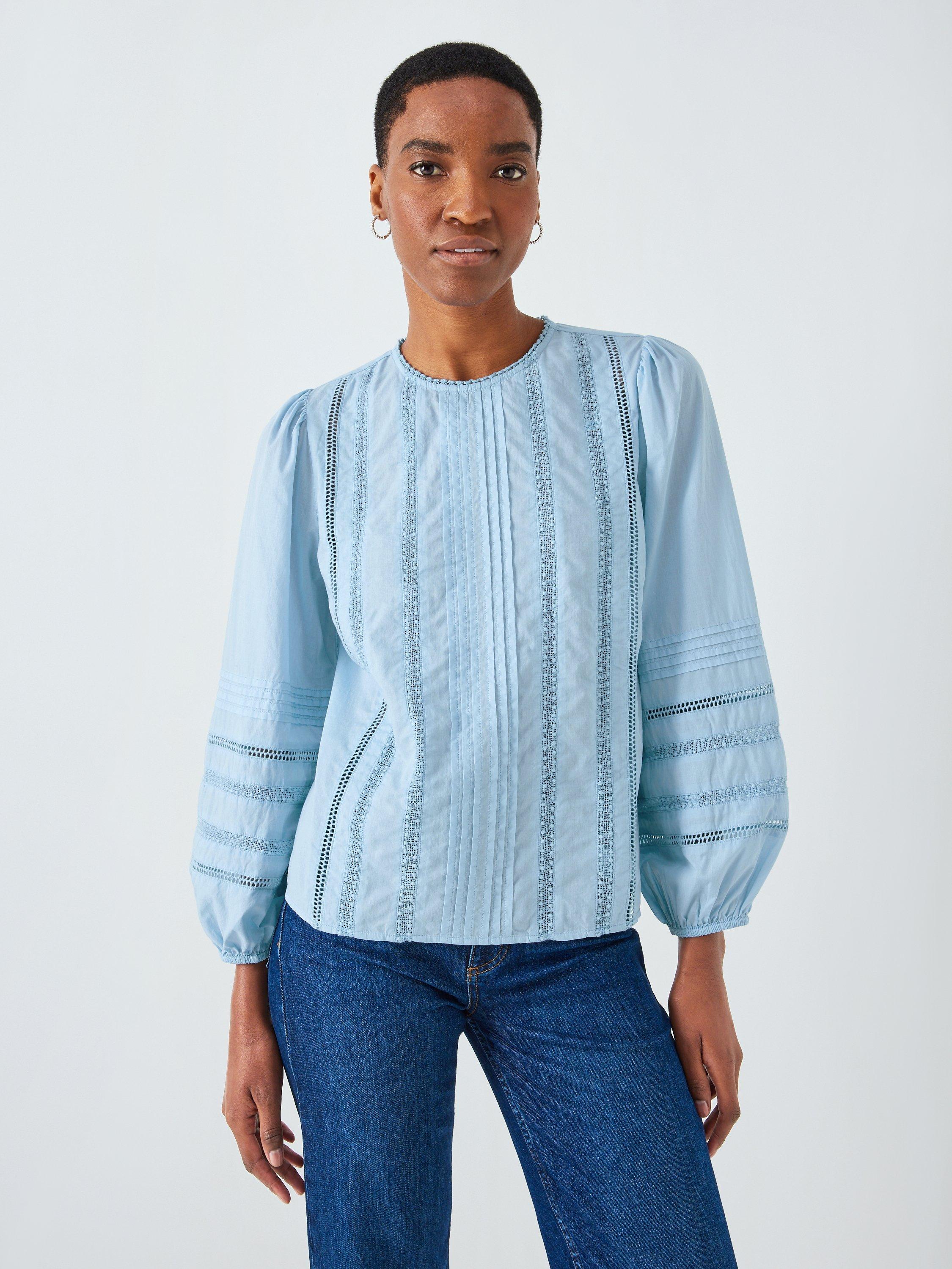 John Lewis Embroidered Cotton Shirt, Light Blue