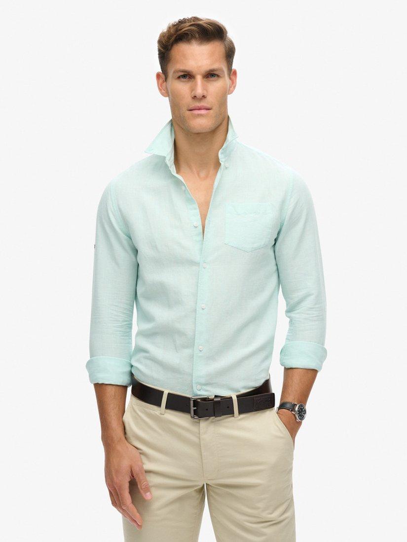 Product image 1 of 9, which shows Superdry Studios Cotton Linen Blend Shirt, Plume Blue, S