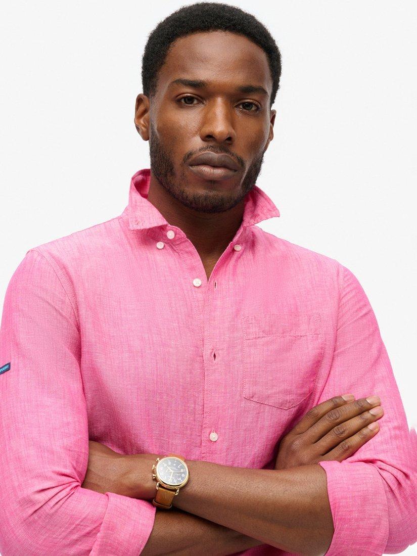 Superdry Organic Cotton Studios Linen Button Down Shirt, Vibe Pink, S