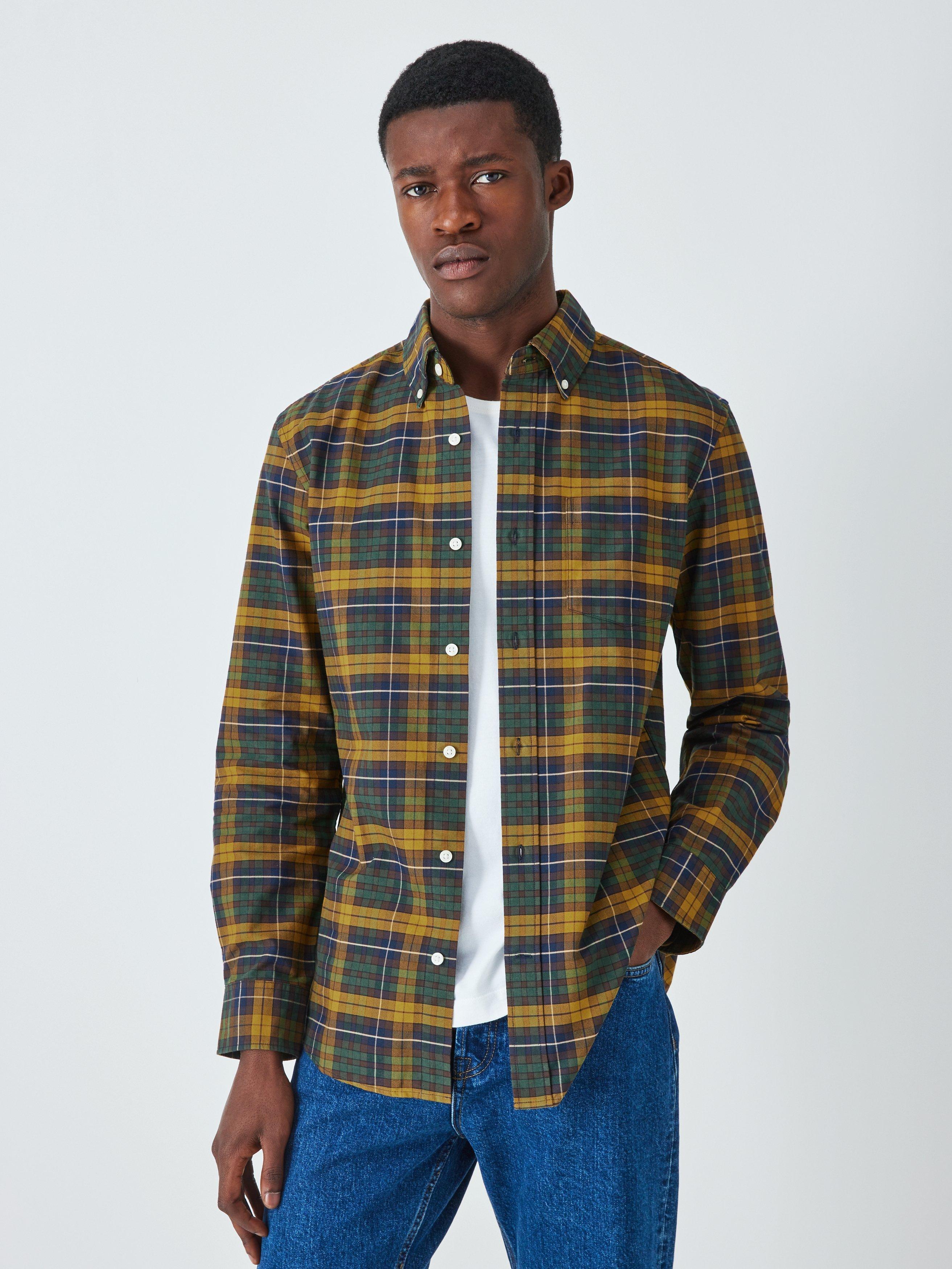 John Lewis Regular Fit Oxford Tartan Long Sleeve Shirt, Yellow/Brown/Green, XXL