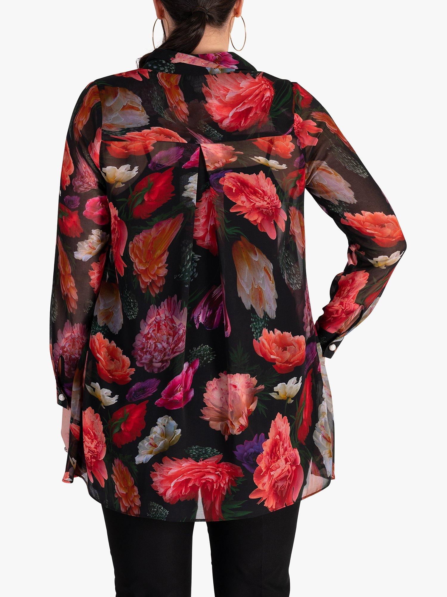 Product image 2 of 8, which shows chesa Rose Bouquet Print Blouse with Back Pleat Detail, Black/Multi, 12-14