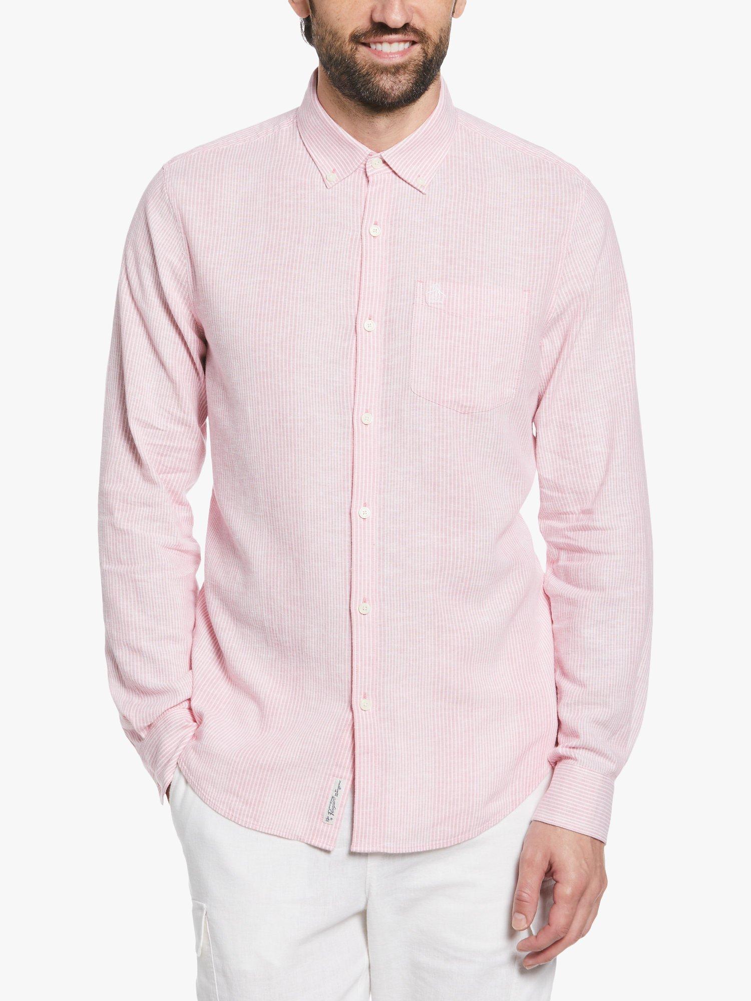 Product image 1 of 3, which shows Original Penguin Stripe Linen Blend Shirt, 667 Wild Rose, S