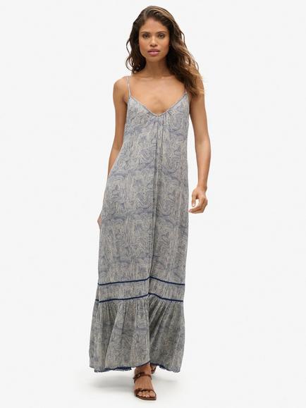 Superdry Long Beach Cami Dress, Maze Print Navy