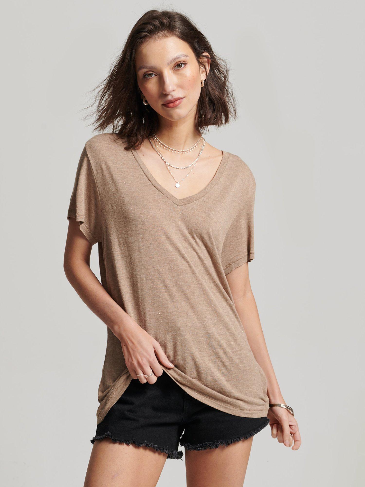 Superdry Slub V-Neck T-Shirt, Tan Metallic