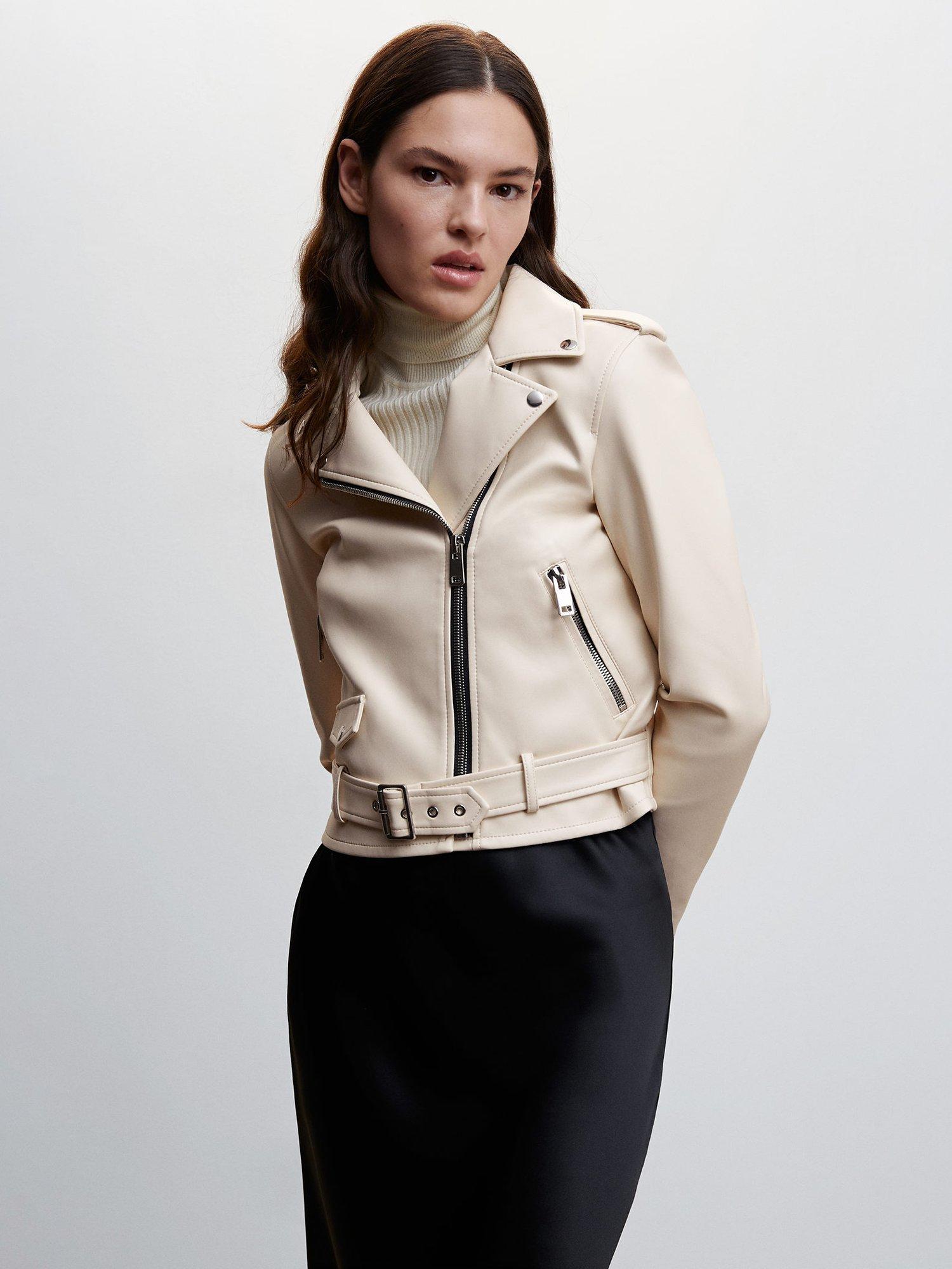Mango Faux Leather Biker Jacket, Light Beige