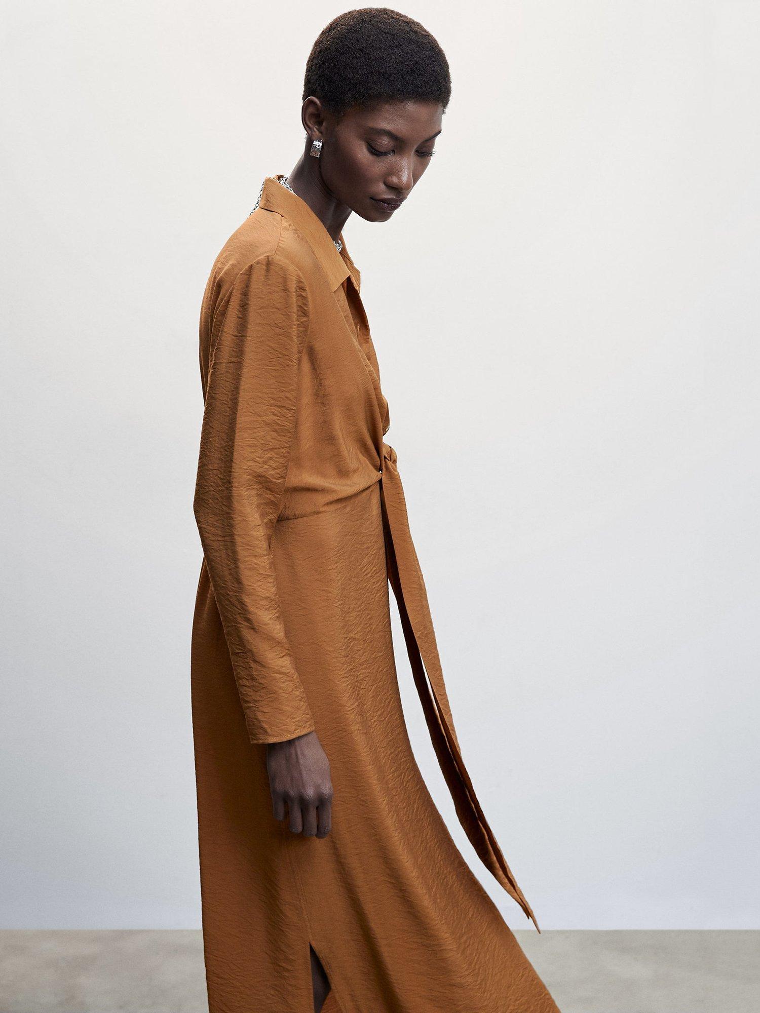 Mango Till Knot Front Midi Shirt Dress, Brown