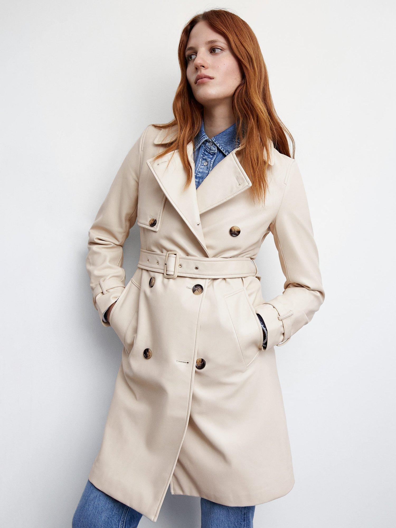 Mango Classic Leather Effect Trench Coat, Light Beige