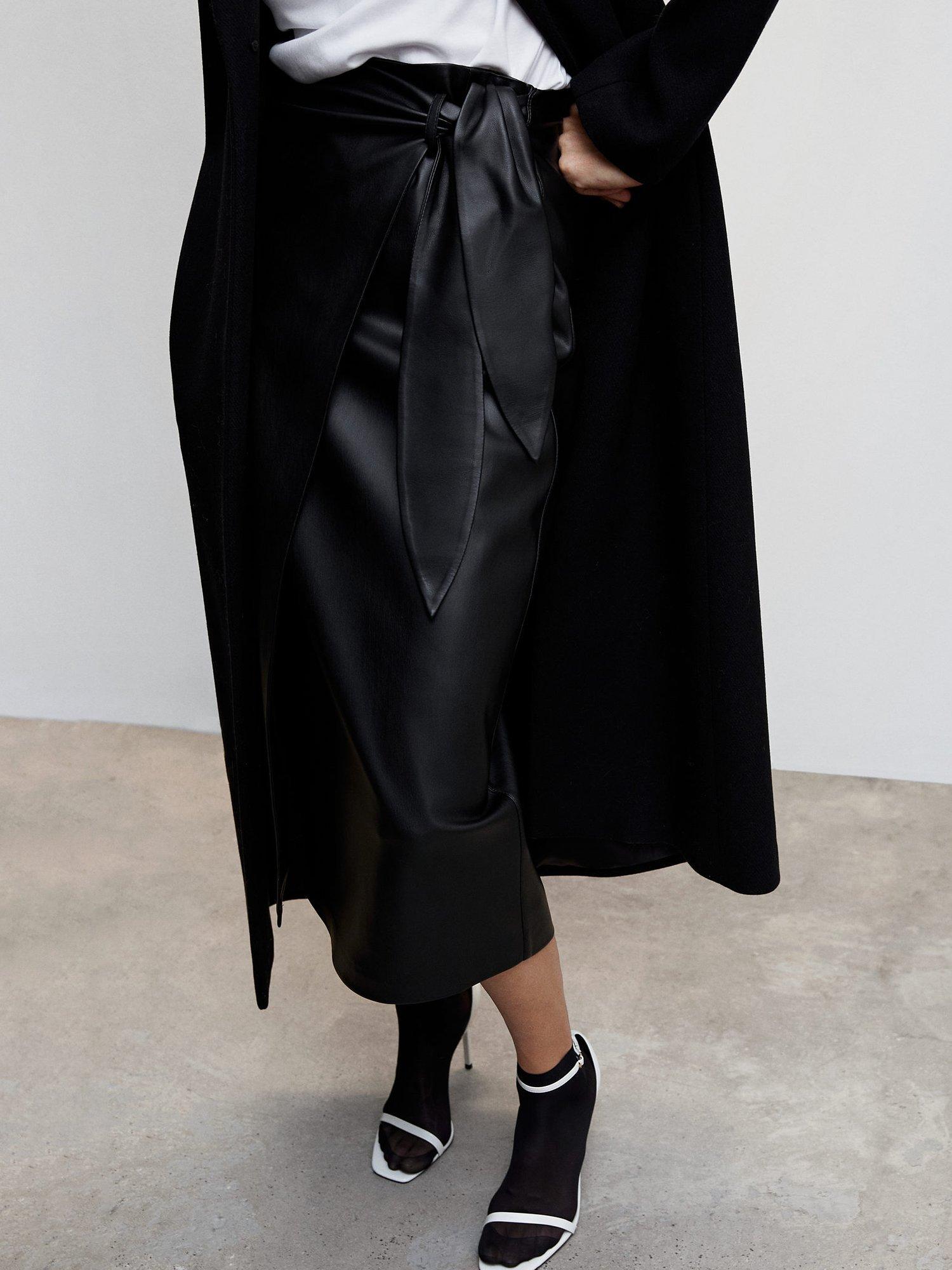 Mango Curve Leather Effect Wrap Midi Skirt, Black