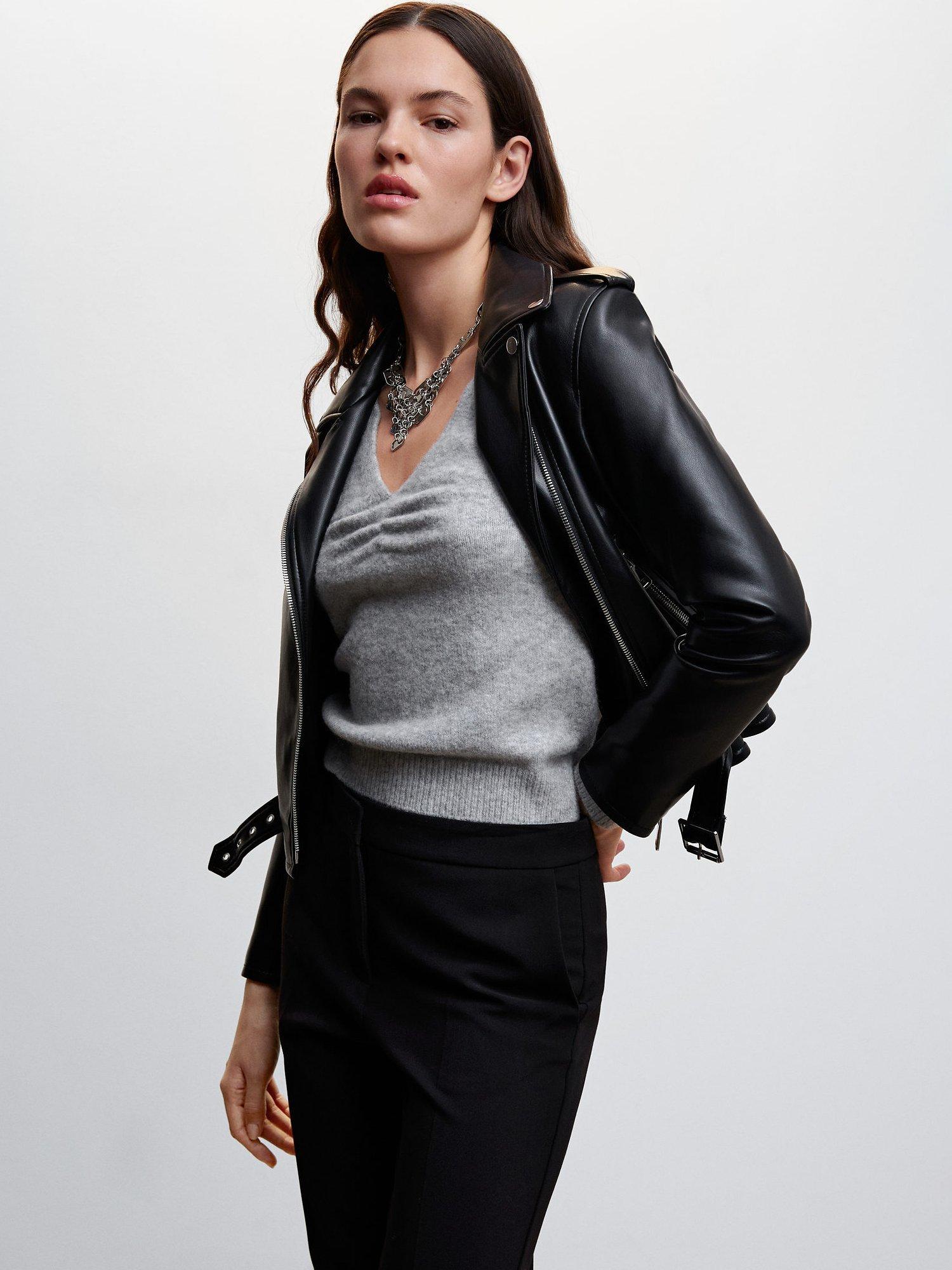 Mango Faux Leather Biker Jacket, Black