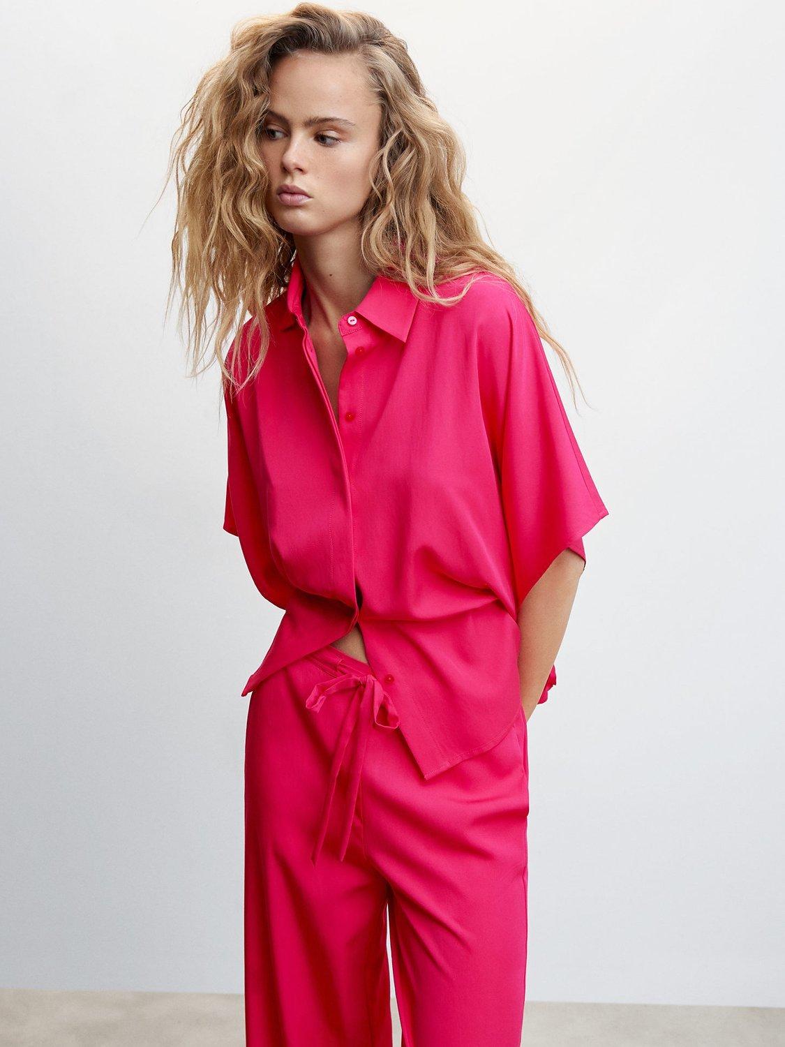 Mango Short Sleeve Flowy Blouse, Bright Pink