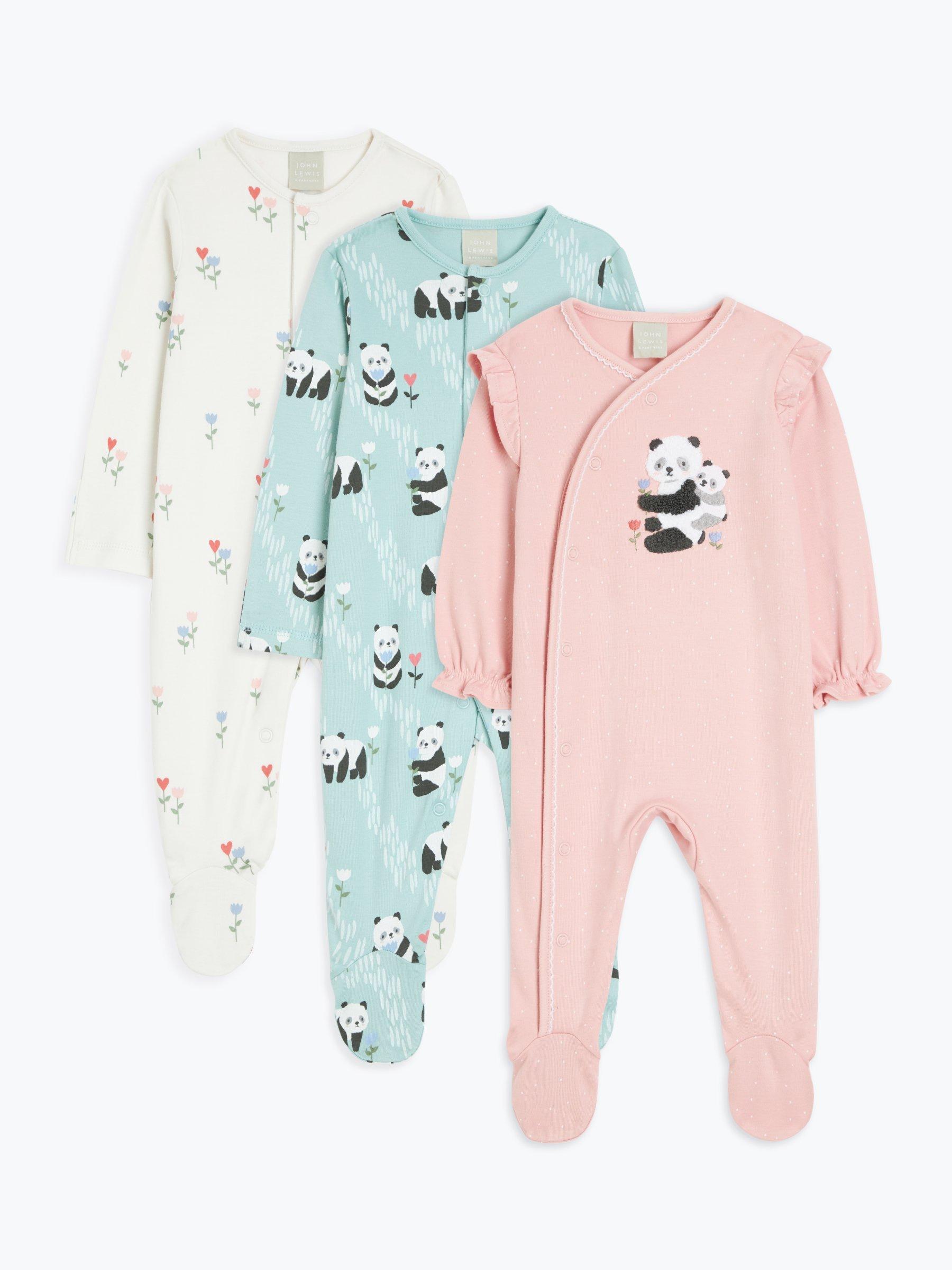 John Lewis Baby Cotton Panda Print Sleepsuit, Pack of 3, Multi