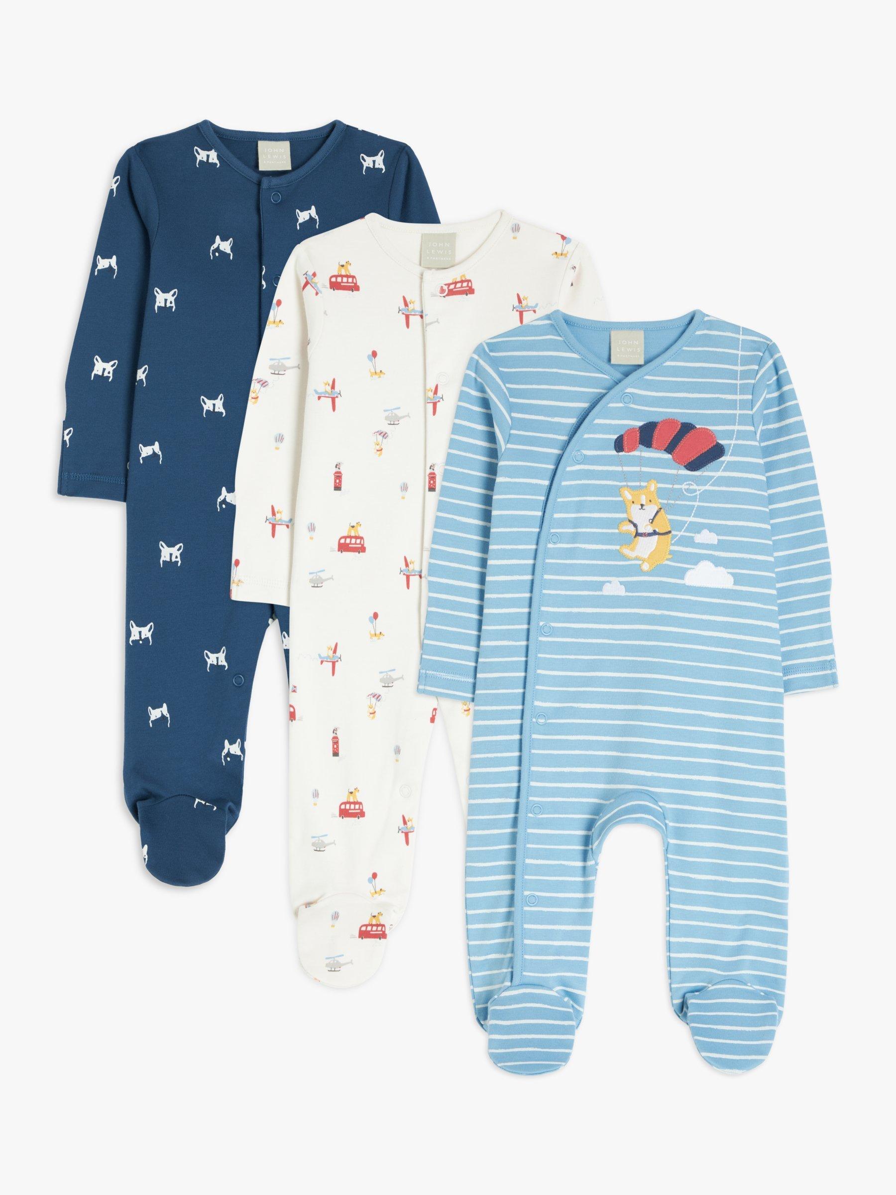 John Lewis Baby Corgie Transport Sleepsuit, Pack of 3, Multi