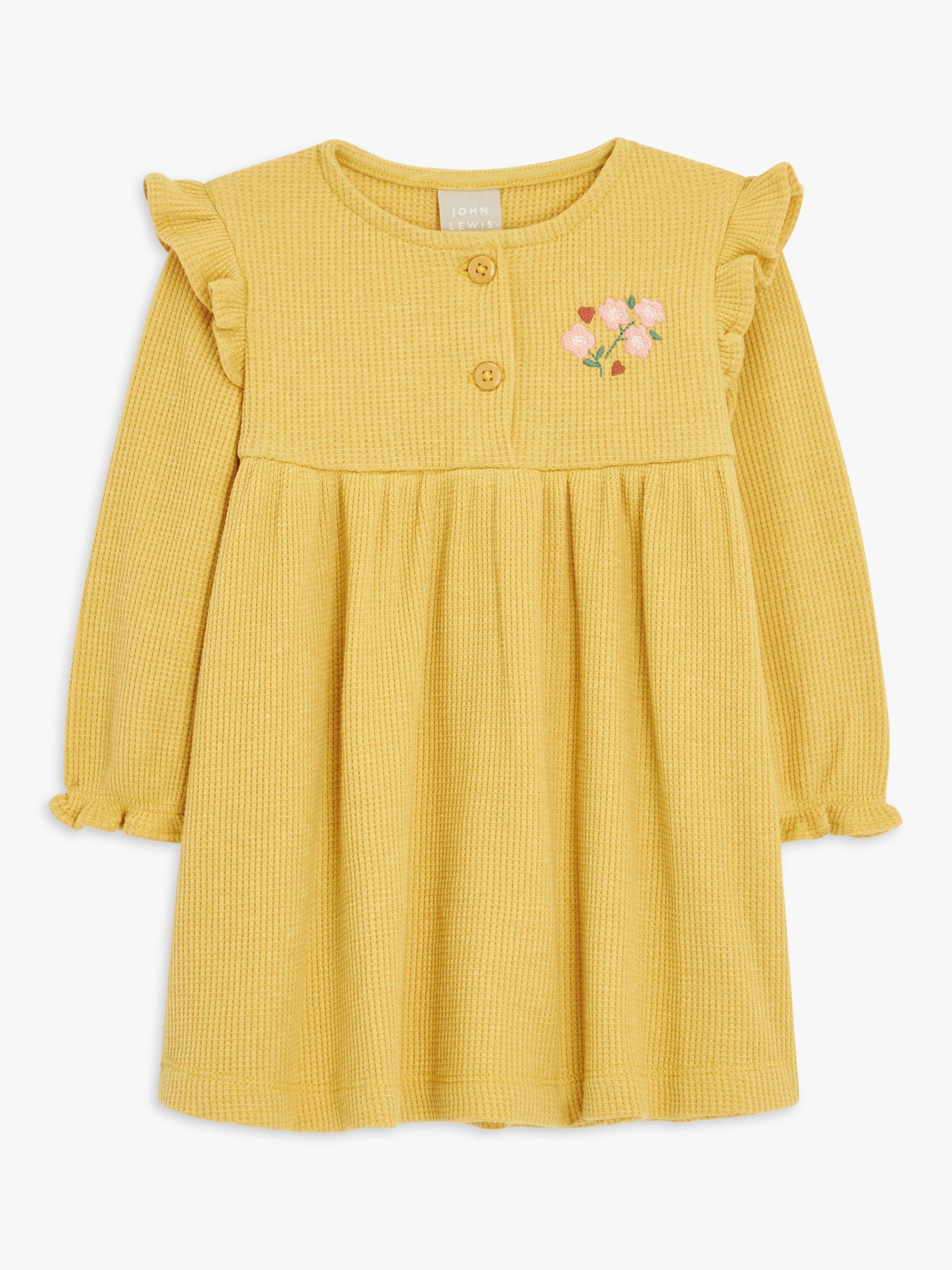 John Lewis Baby Frill Cuff Waffle Dress, Yellow