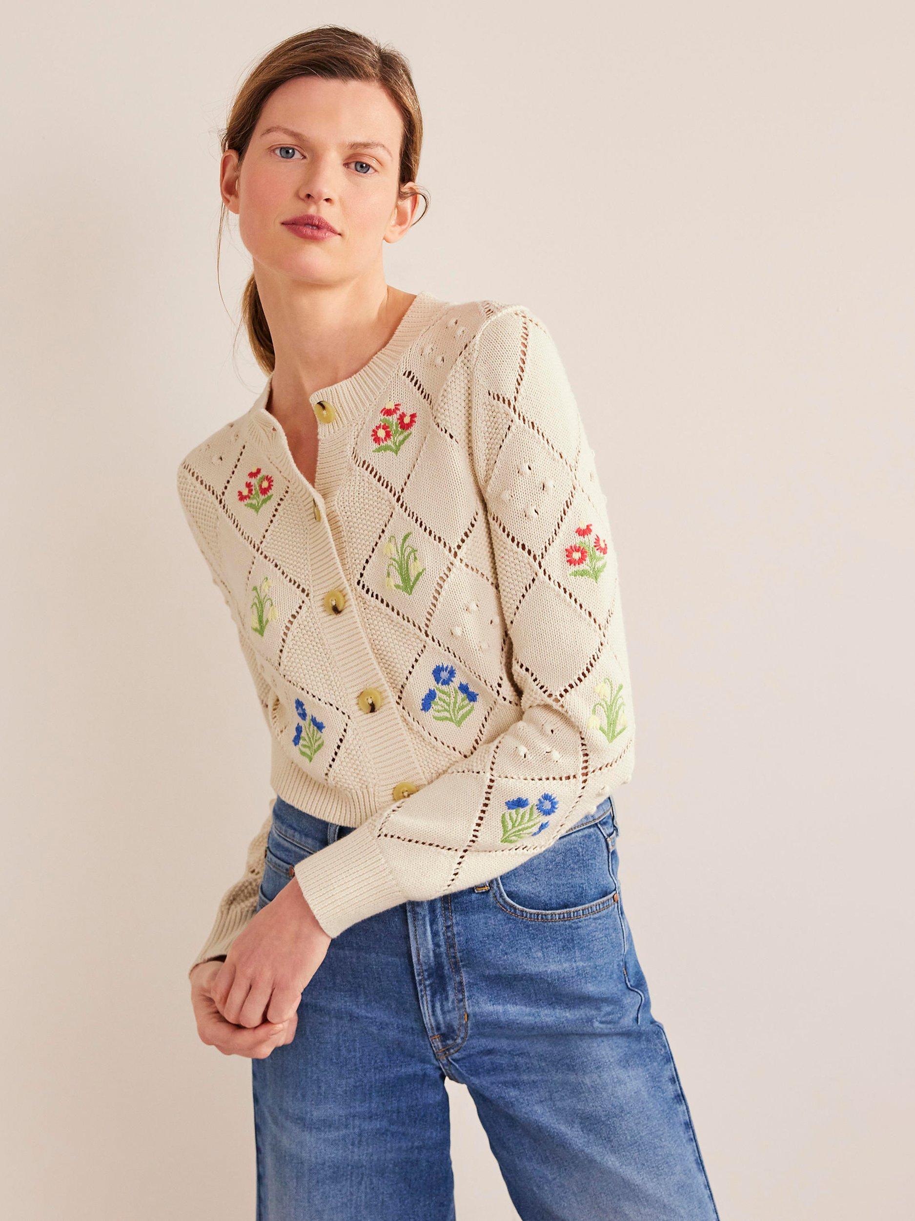 Boden Floral Embroidered Cardigan, Warm Ivory