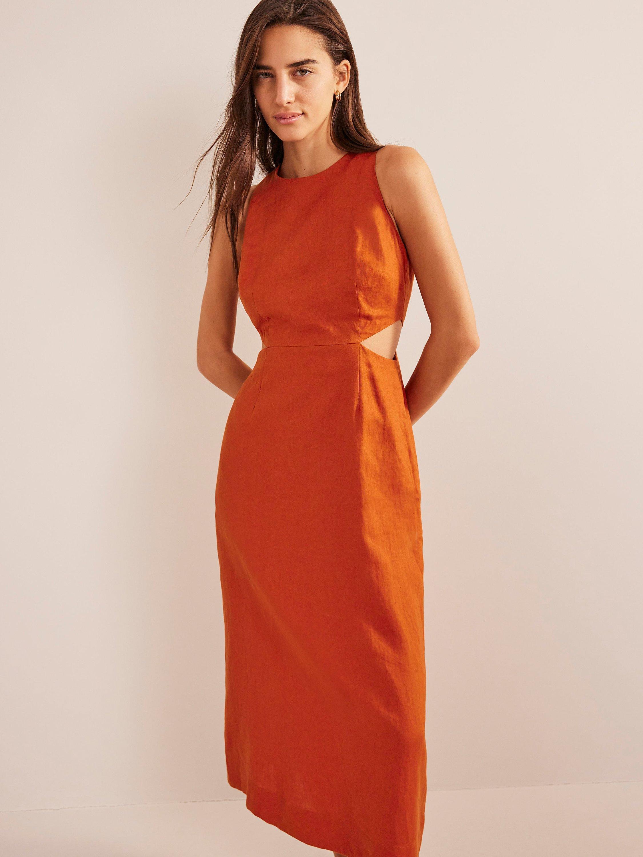 Boden Cut Out Linen Midi Dress, Rust