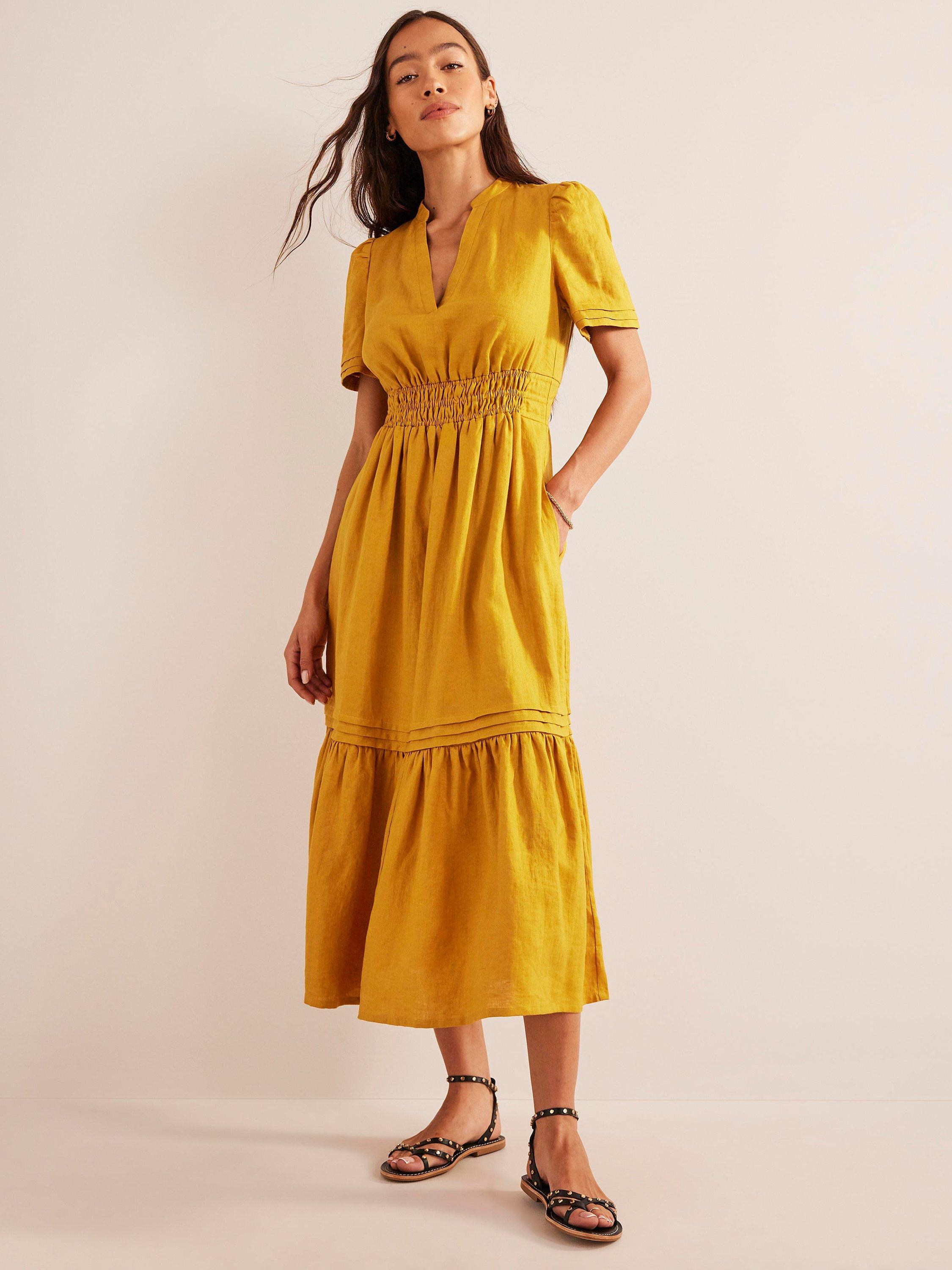 Boden Pintuck Detail Linen Midi Dress, Harvest Gold