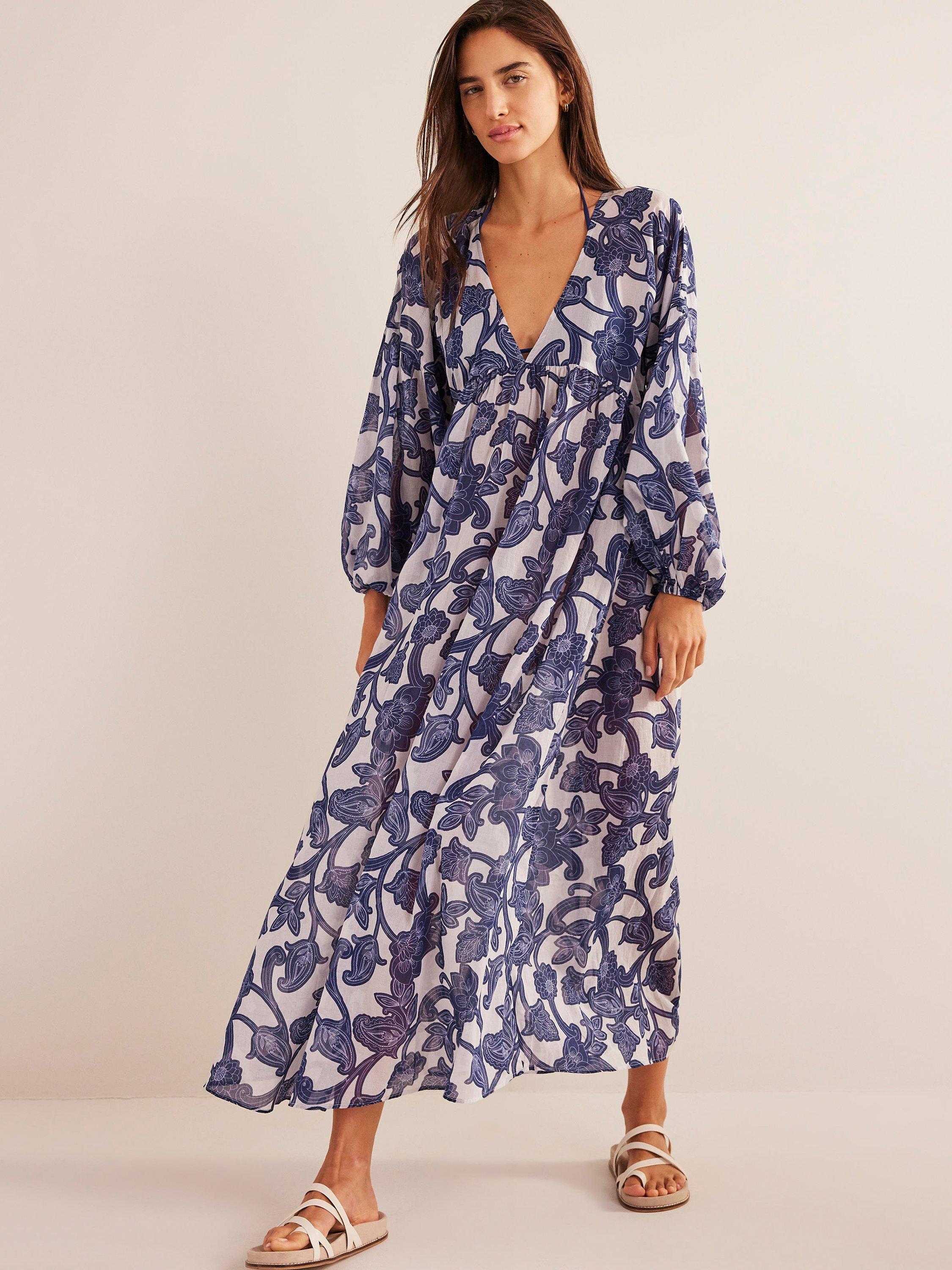 Boden Maxi Empire Line Kaftan, Blue Paisley Whirl