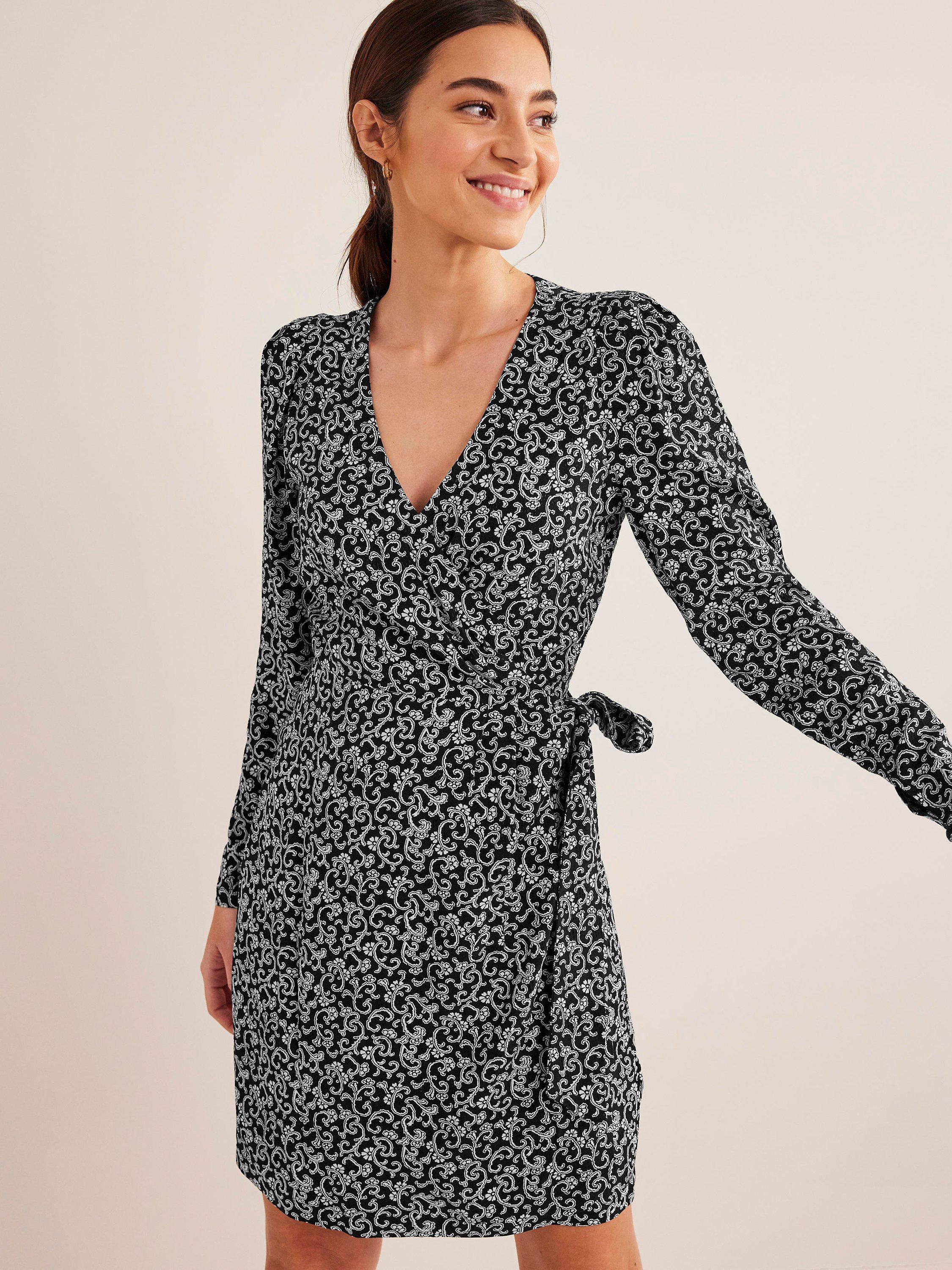 Boden Swirl Sprig Ruched Sleeve Mini Wrap Dress, Black/White