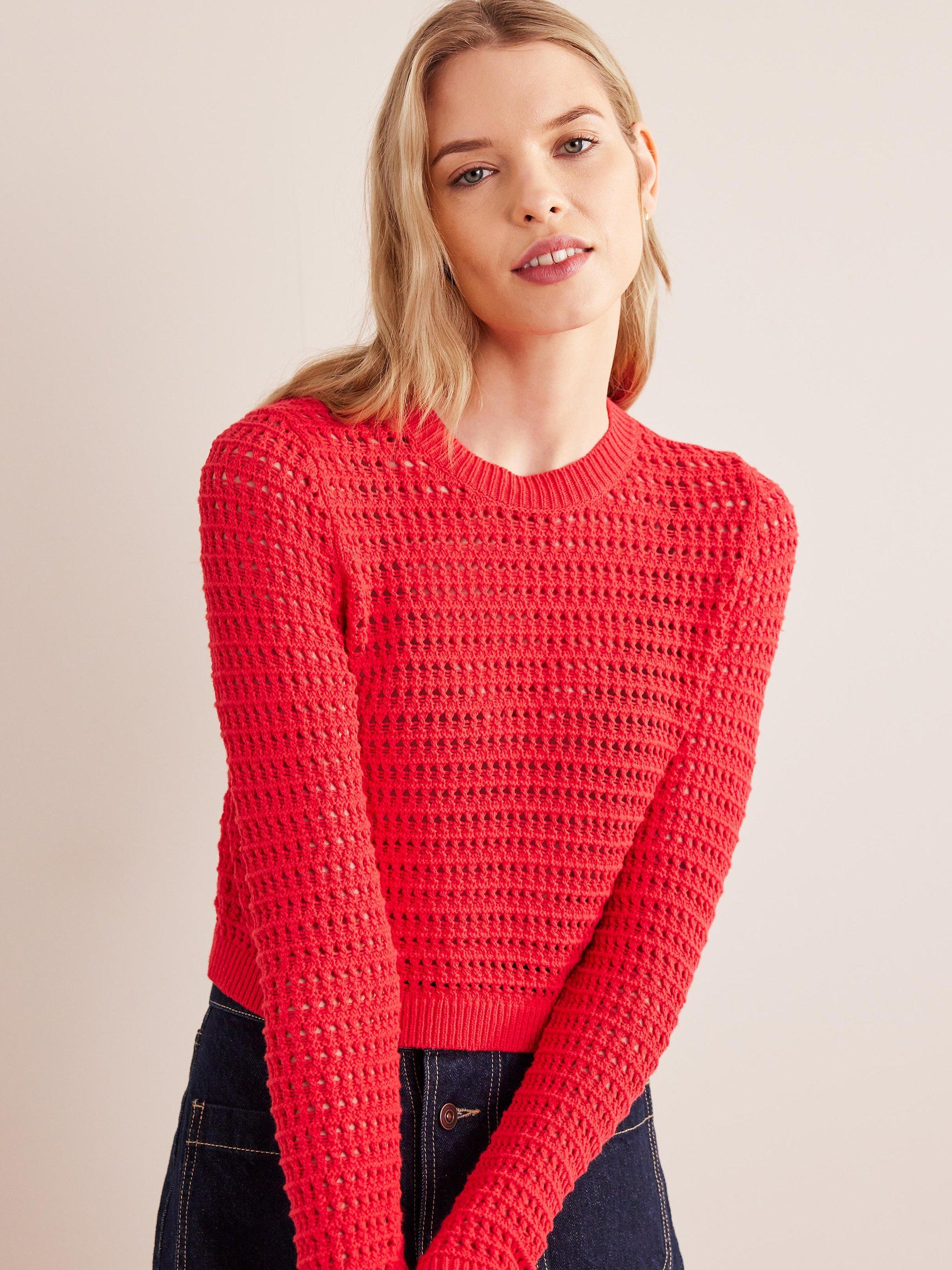 Boden Cropped Crochet Knit Jumper, High Risk Red