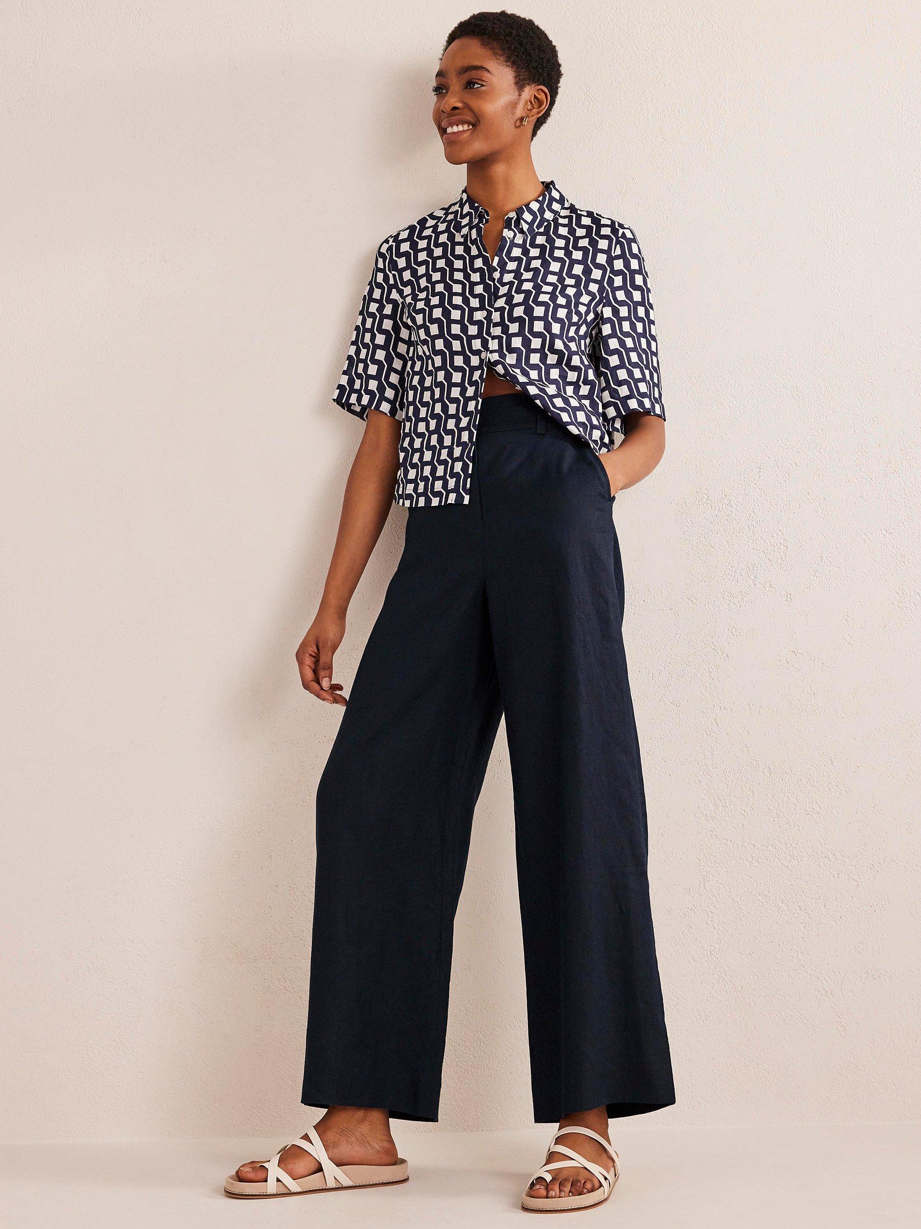 Boden Plan Wide Leg Linen Trousers, Navy