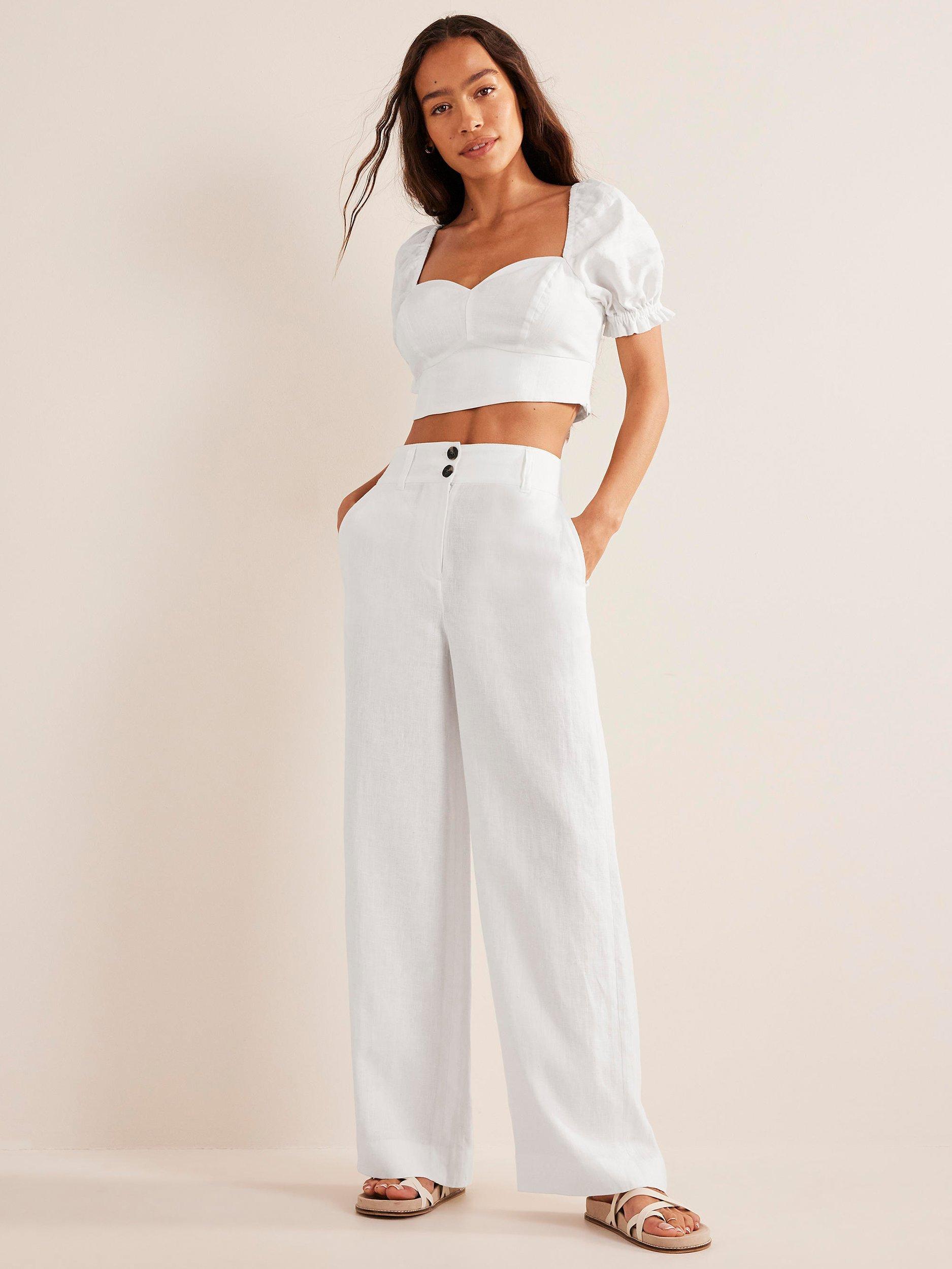 Boden Plan Wide Leg Linen Trousers, White