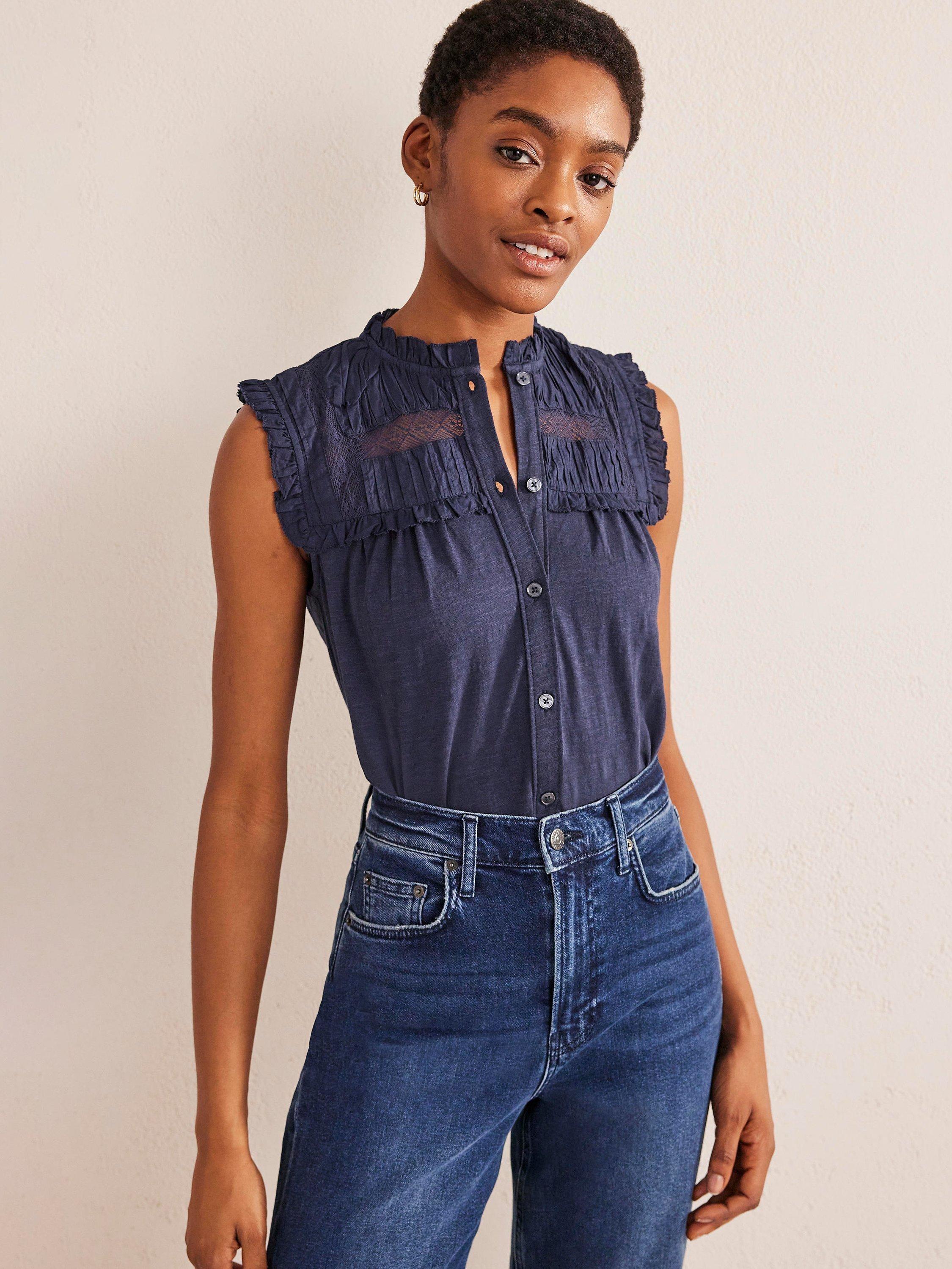 Boden Smocked Sleeveless Top, Navy