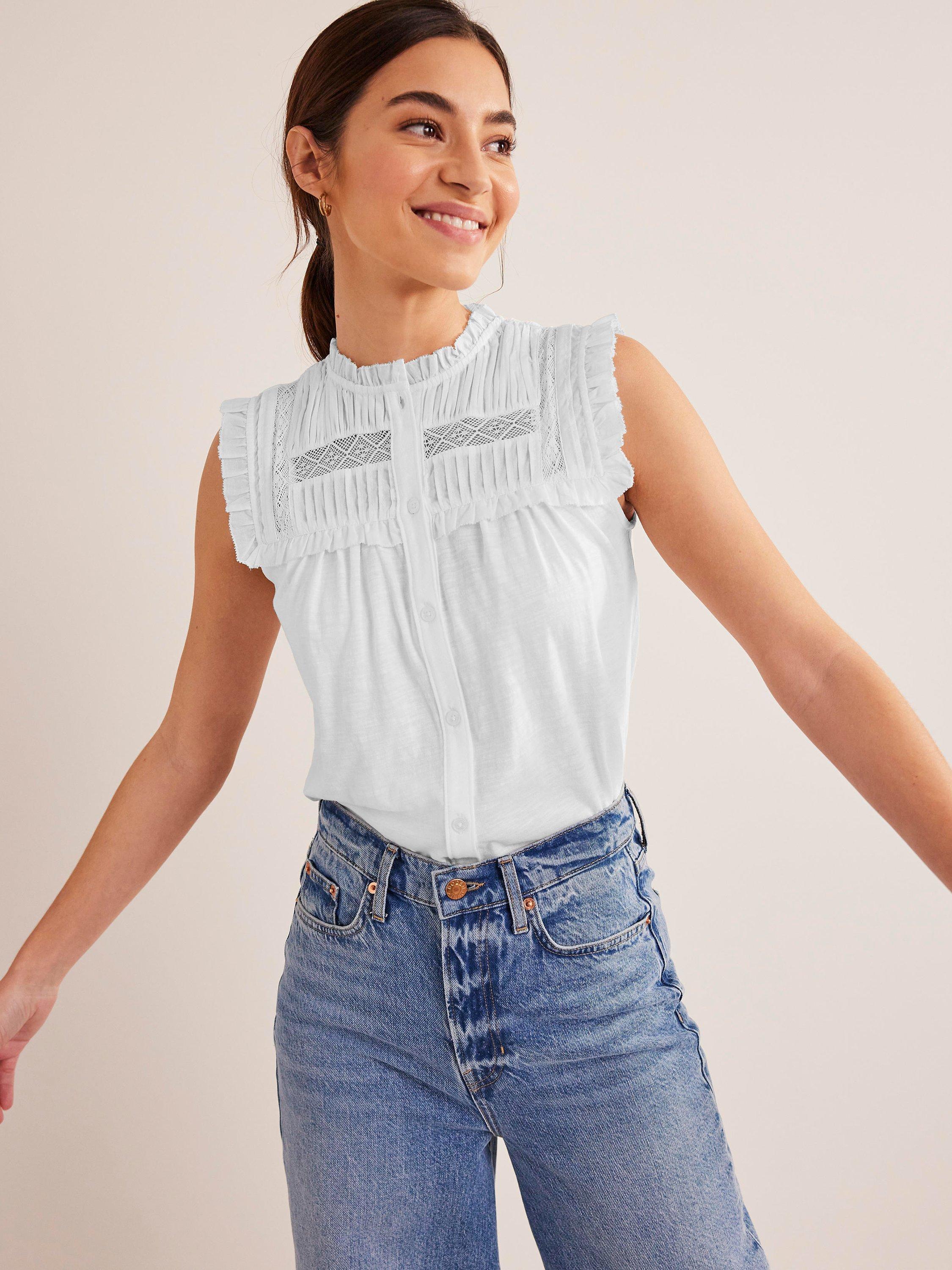 Boden Smocked Sleeveless Top, White