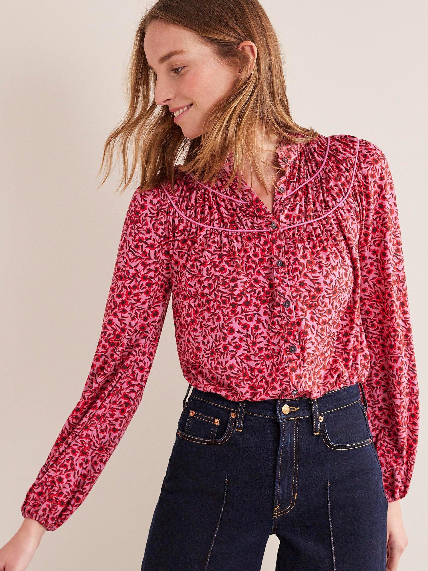 Boden Ruched Yoke Florarl Jersey Shirt, Gin Fizz