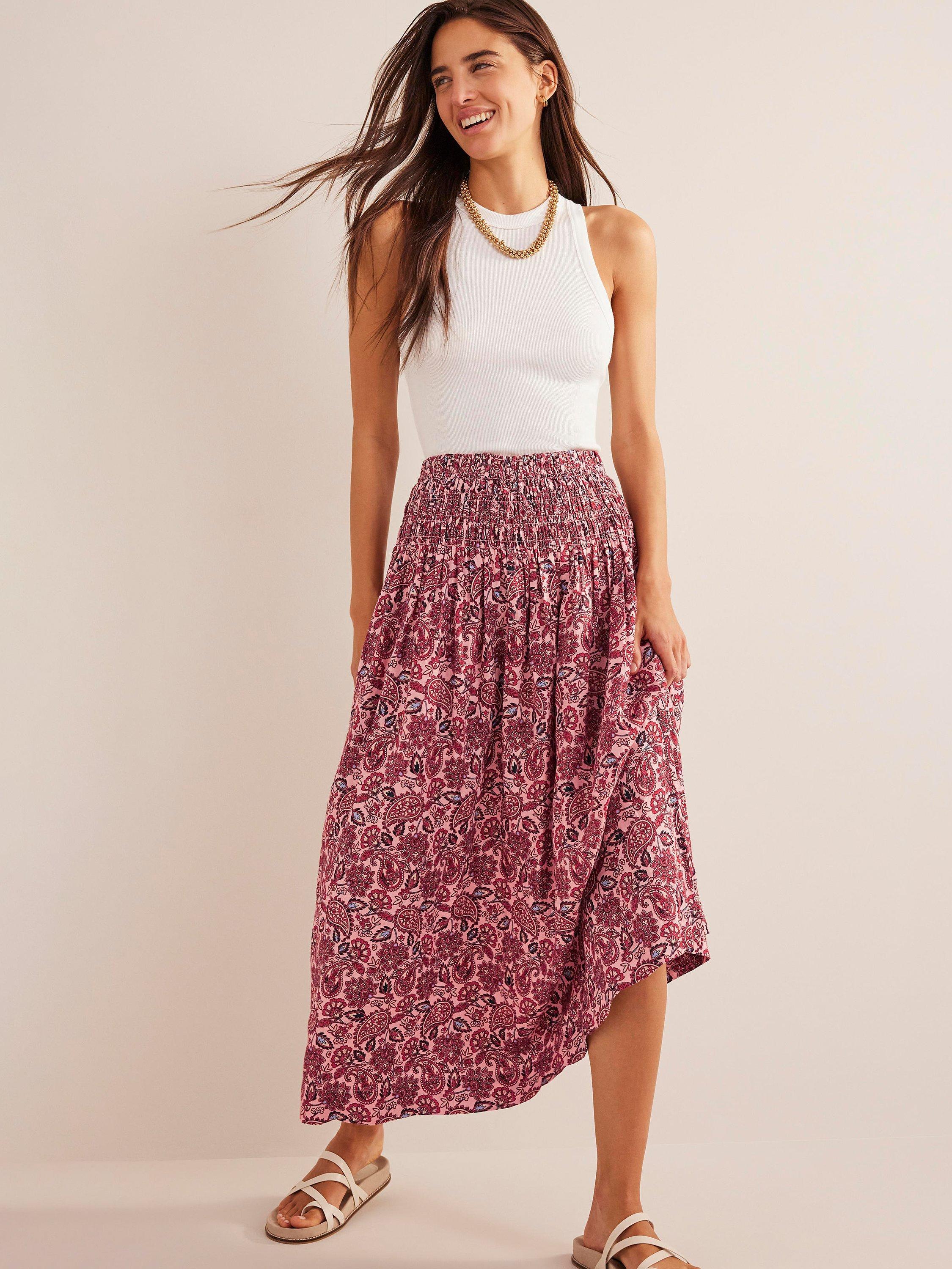 Boden Shirred Waistband Linen Midi Skirt, Chalky Pink
