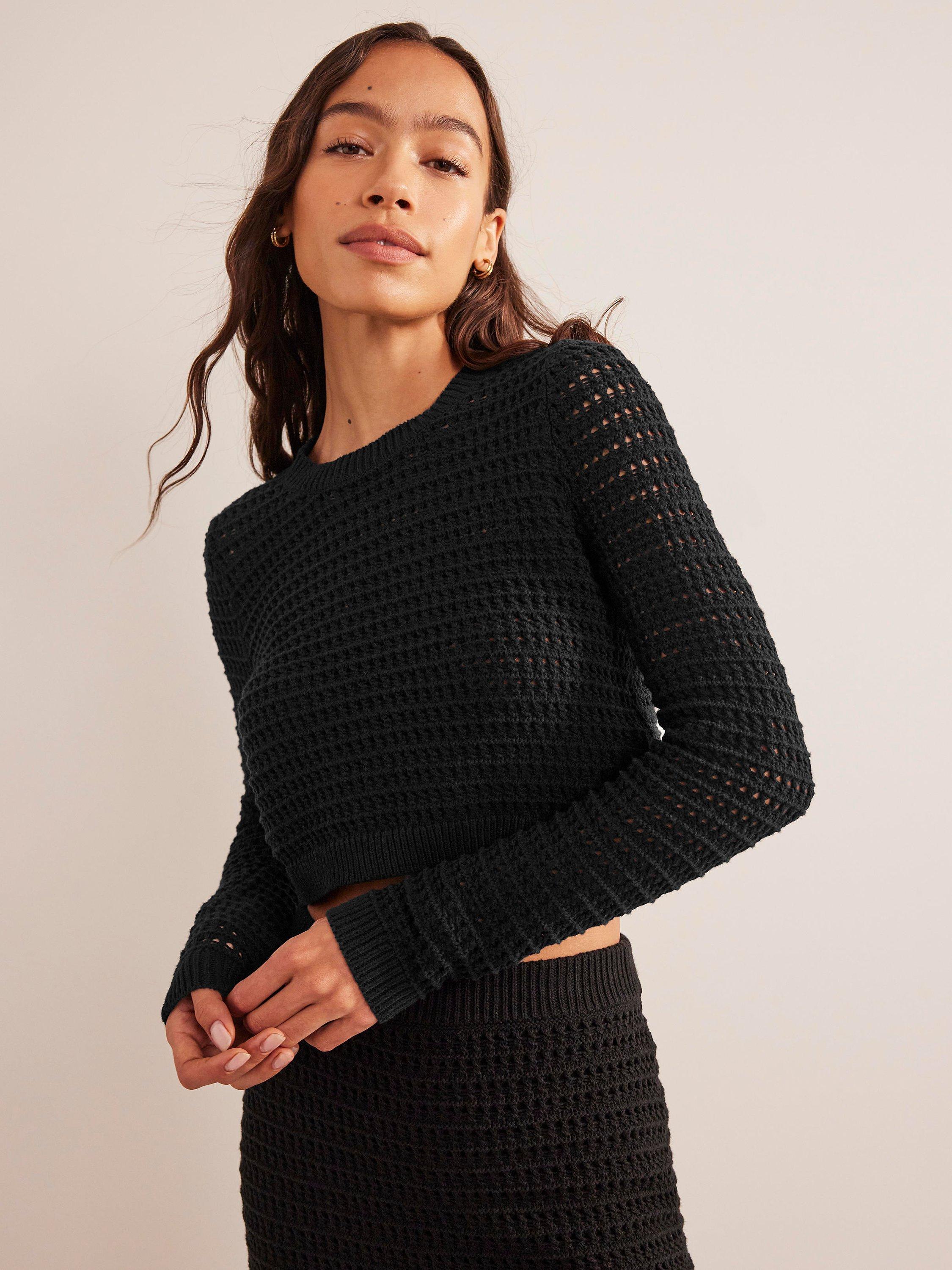 Boden Cropped Crochet Knit Jumper, Black