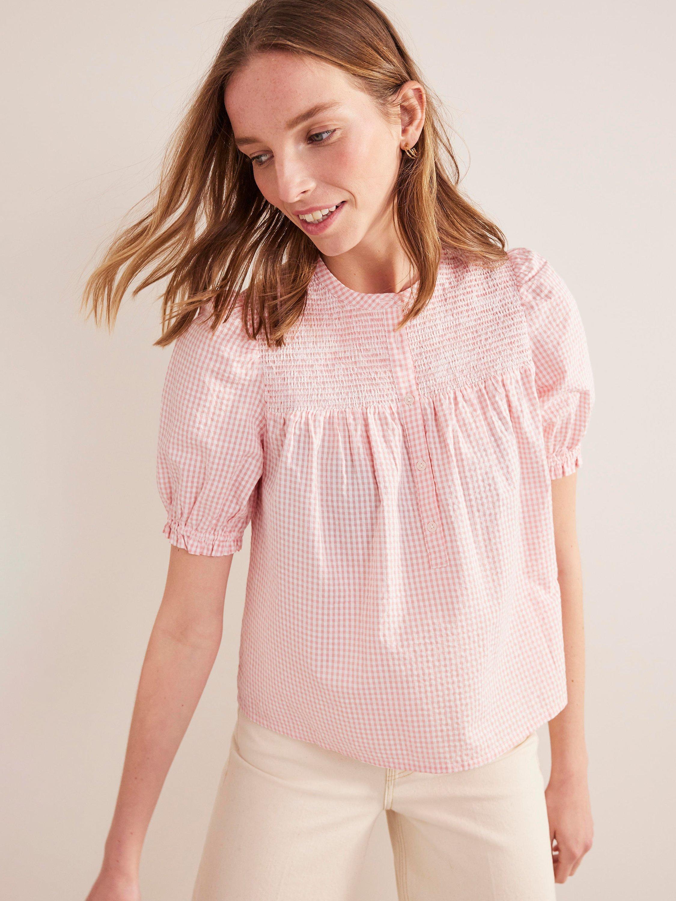 Boden Check Puff Sleeve Top, Dahlia Pink Gingham