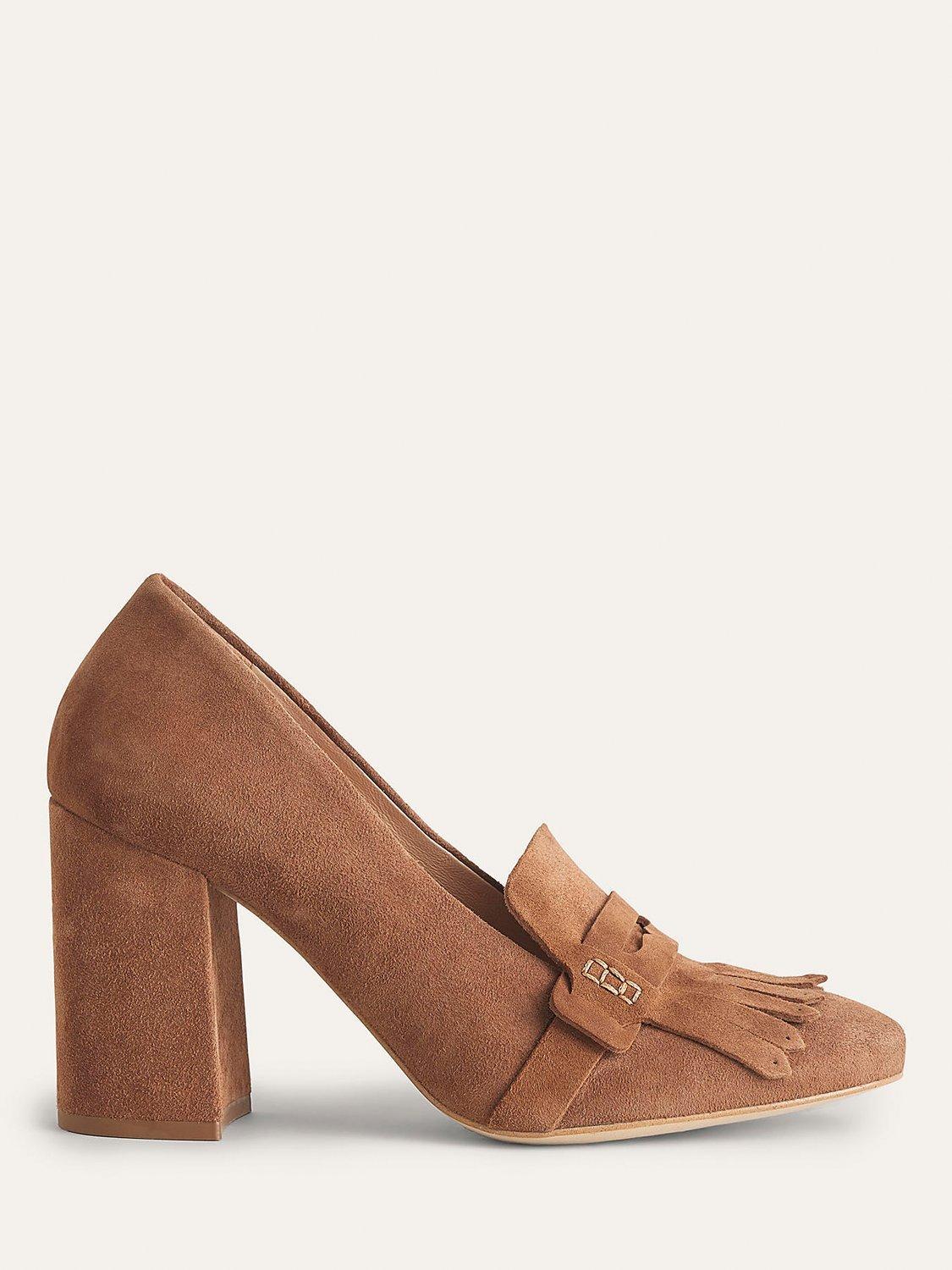 Boden Ghillie Fringe Detail Suede Heeled Loafer Shoes, Golden Brown