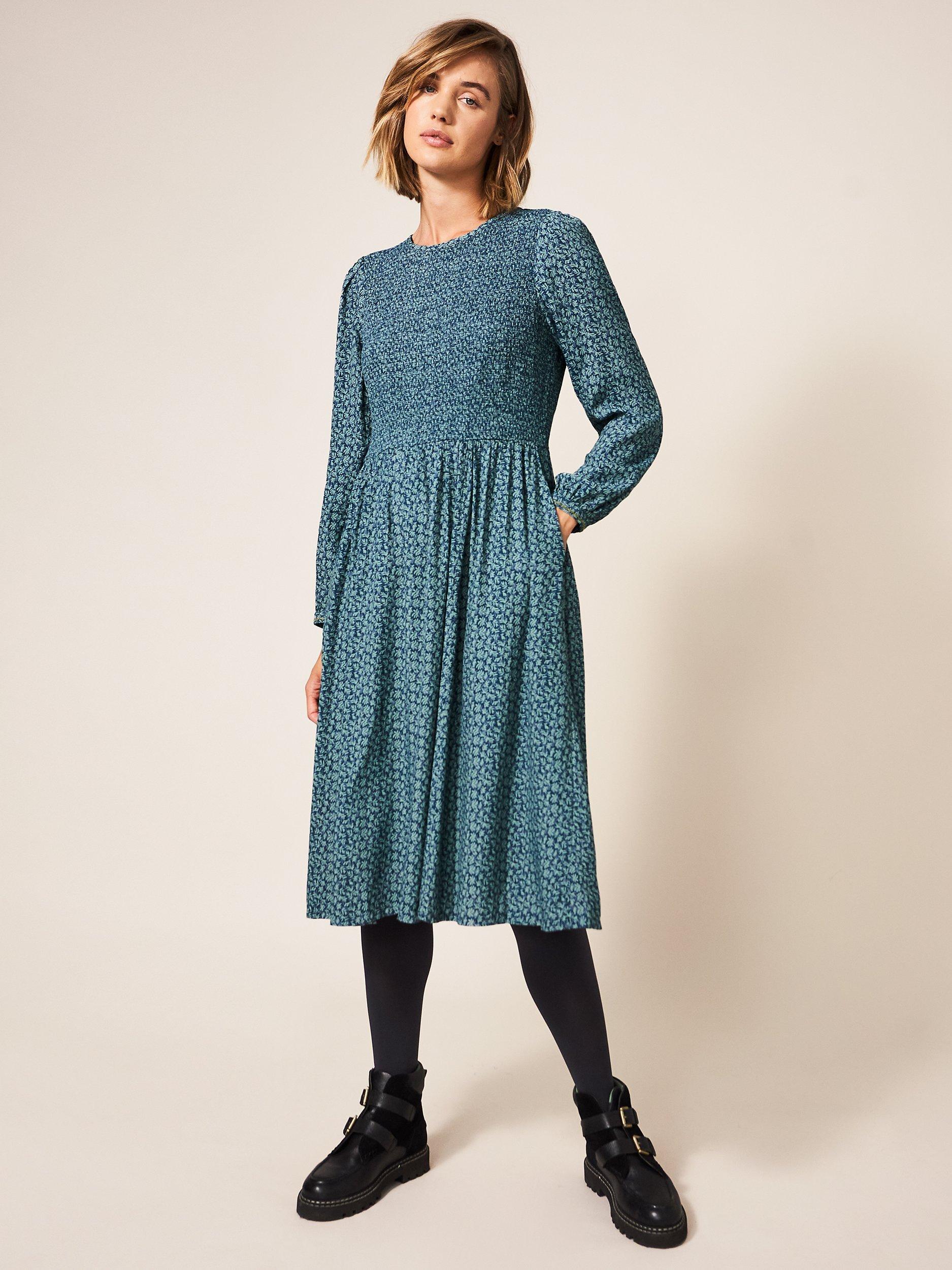 White Stuff Aneth Leaf Print Midi Shirred Dress, Teal/Multi