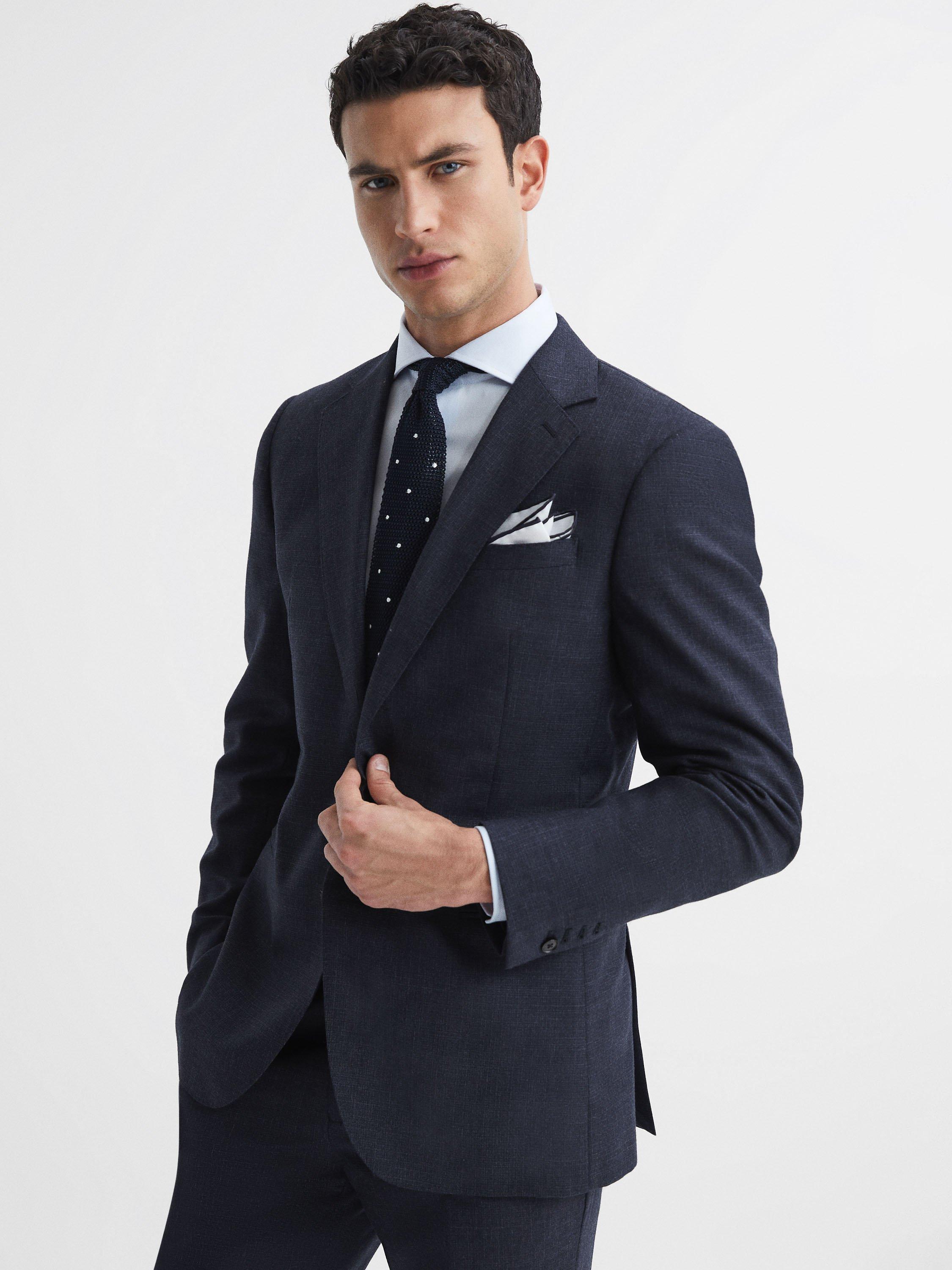 Reiss Dunn Textured Wool Tailored Fit Suit Jacket Navy
