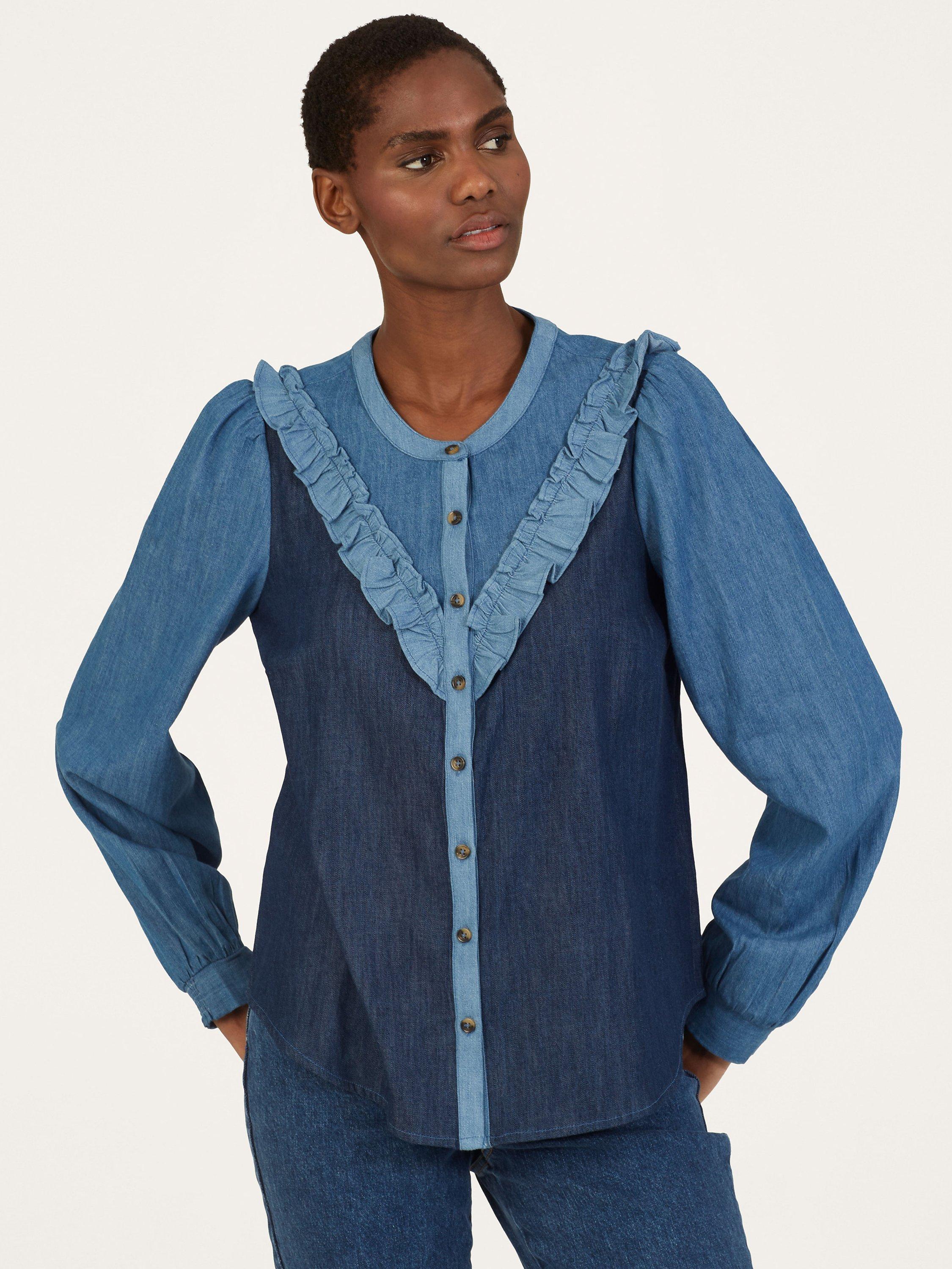 Product image 1 of 5, which shows Thought Frill Chambray Blouse, Chambray Blue, 10