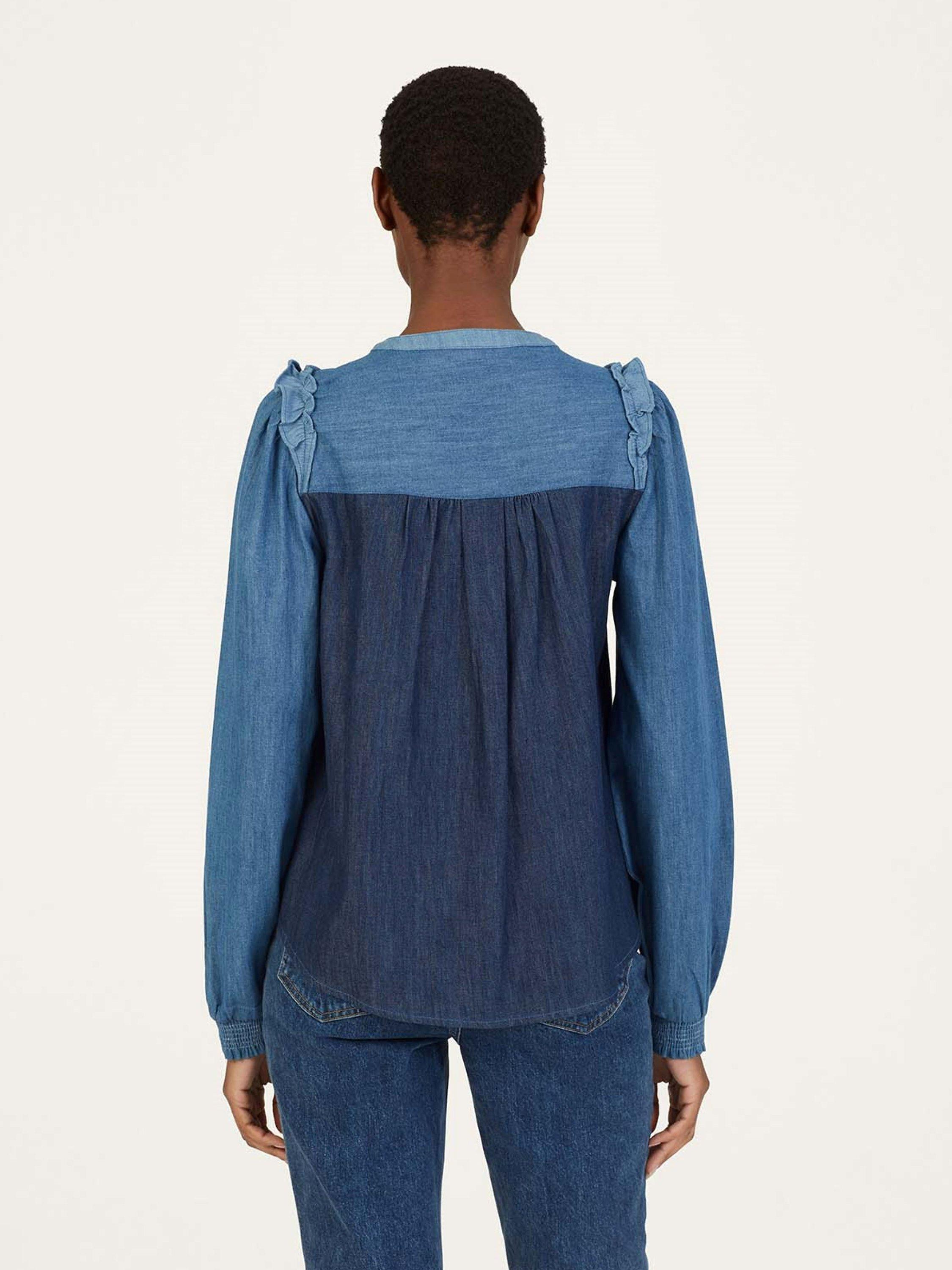Product image 2 of 5, which shows Thought Frill Chambray Blouse, Chambray Blue, 10