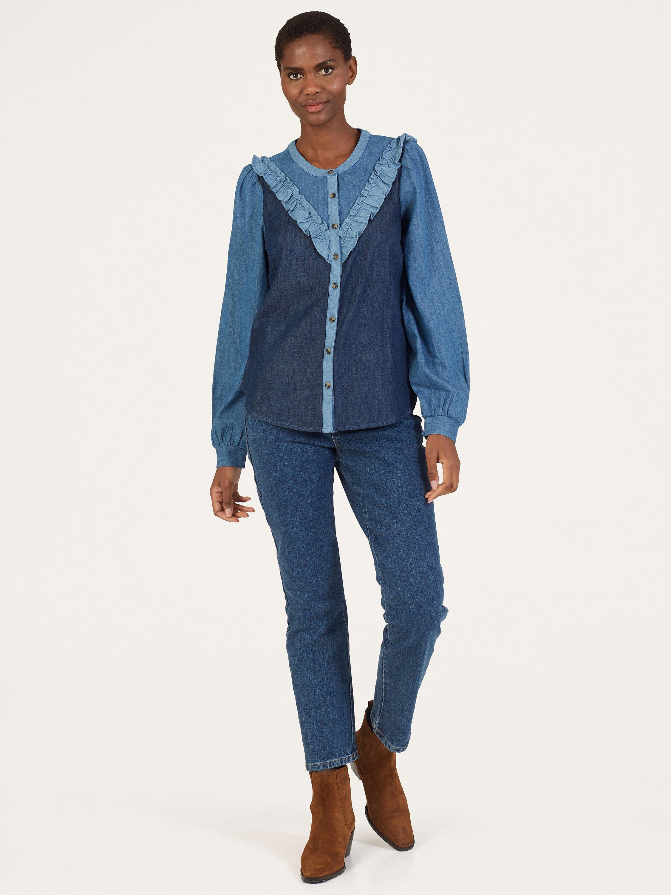 Product image 3 of 5, which shows Thought Frill Chambray Blouse, Chambray Blue, 10