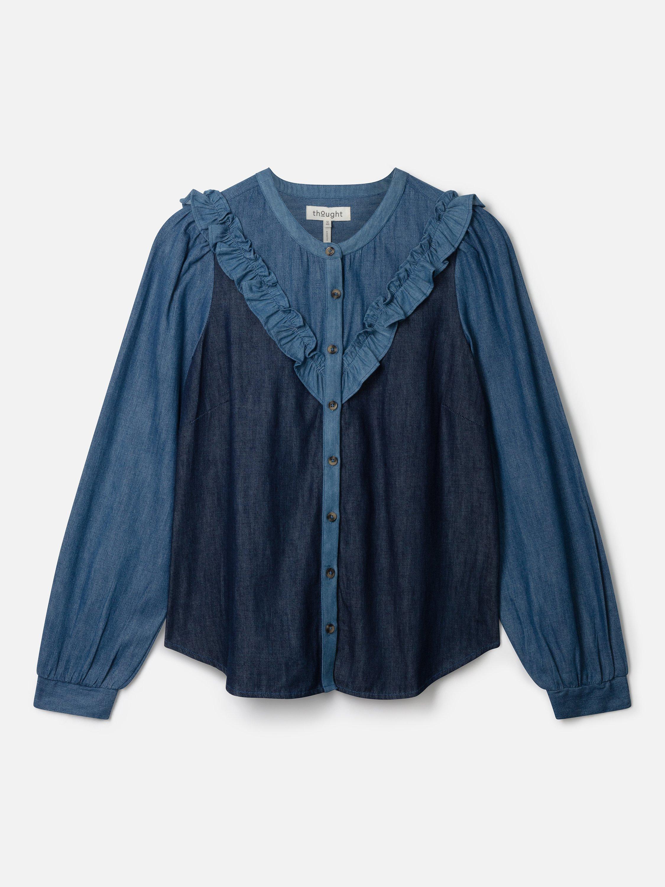 Product image 4 of 5, which shows Thought Frill Chambray Blouse, Chambray Blue, 10