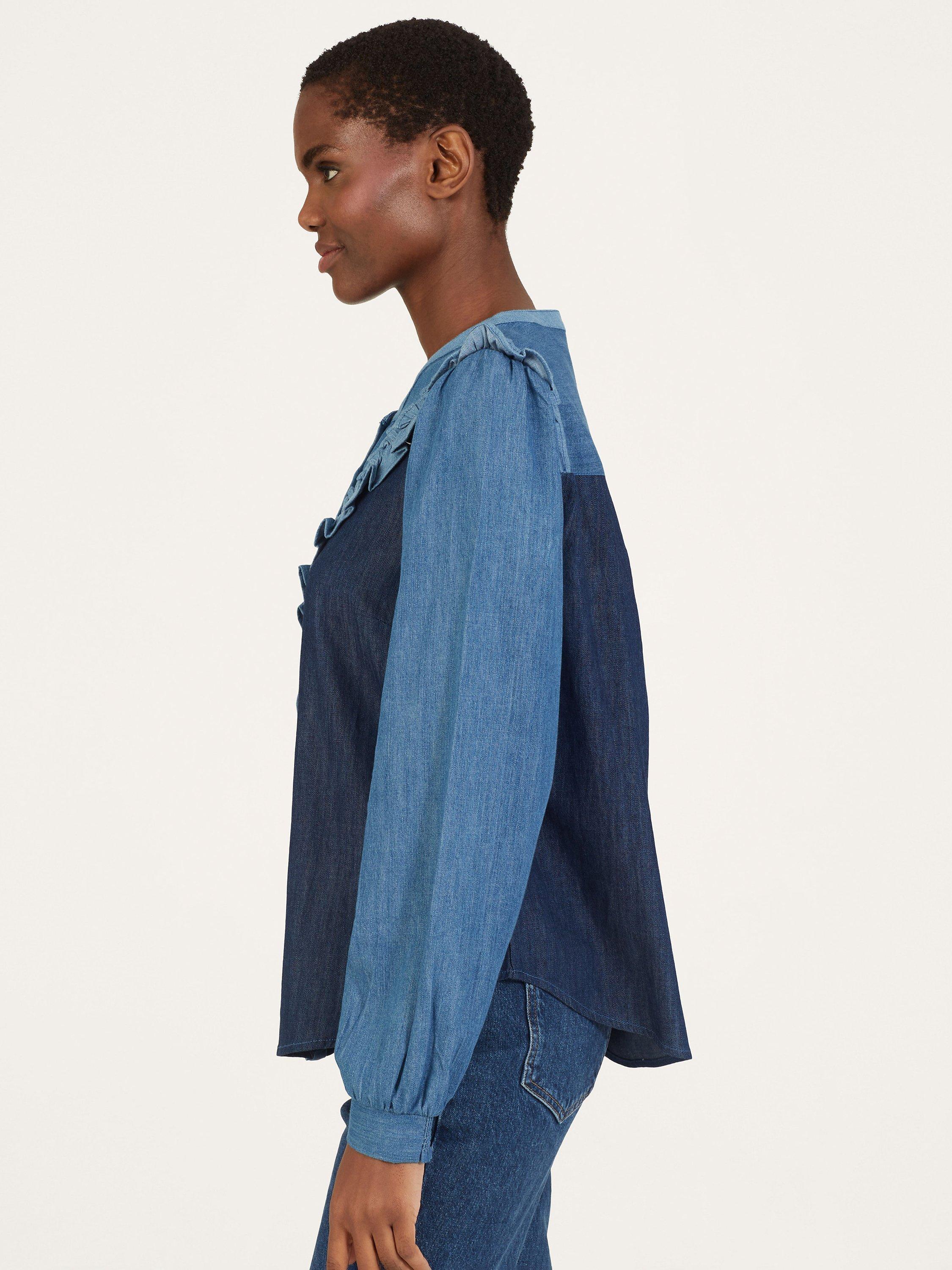 Product image 5 of 5, which shows Thought Frill Chambray Blouse, Chambray Blue, 10