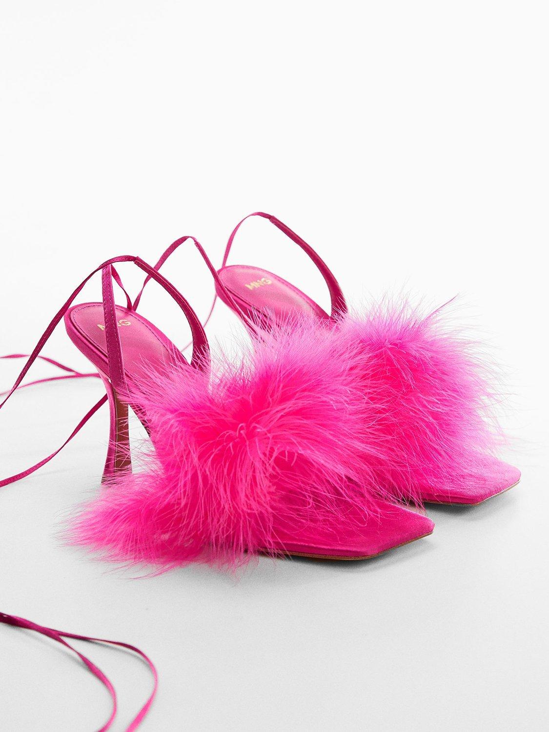 Mango Plom Feather Detail High Heal Sandals, Bright Pink