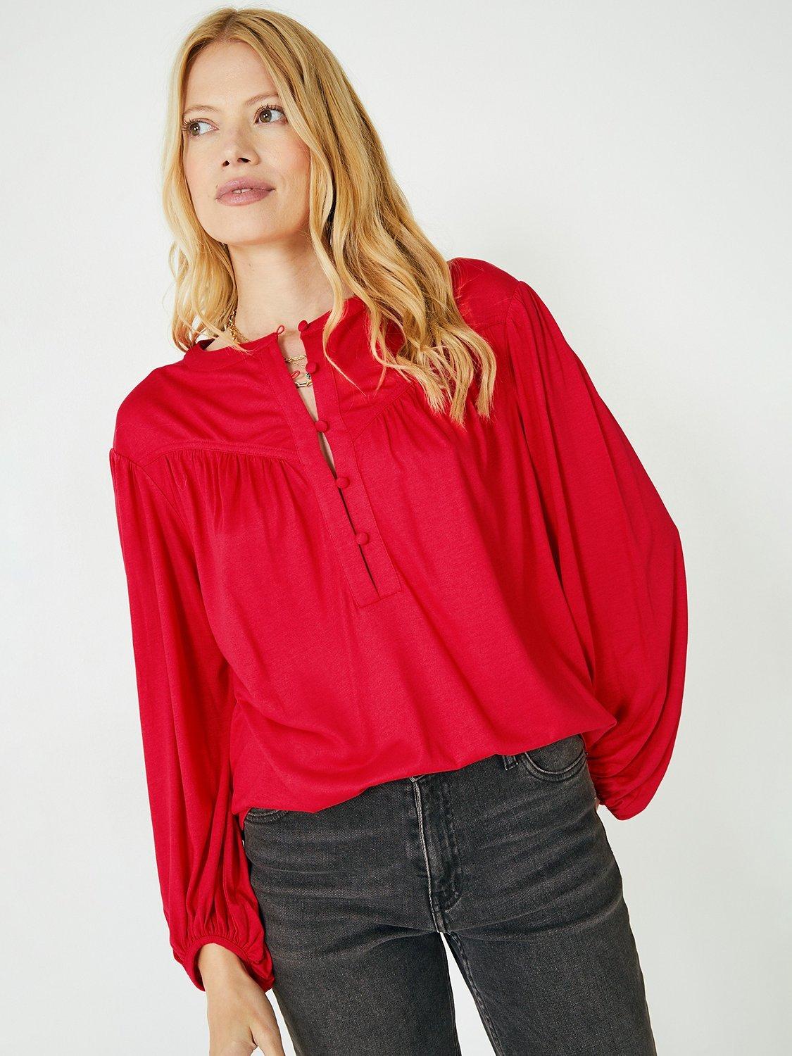 HUSH Jill Button Neck Top, Deep Red